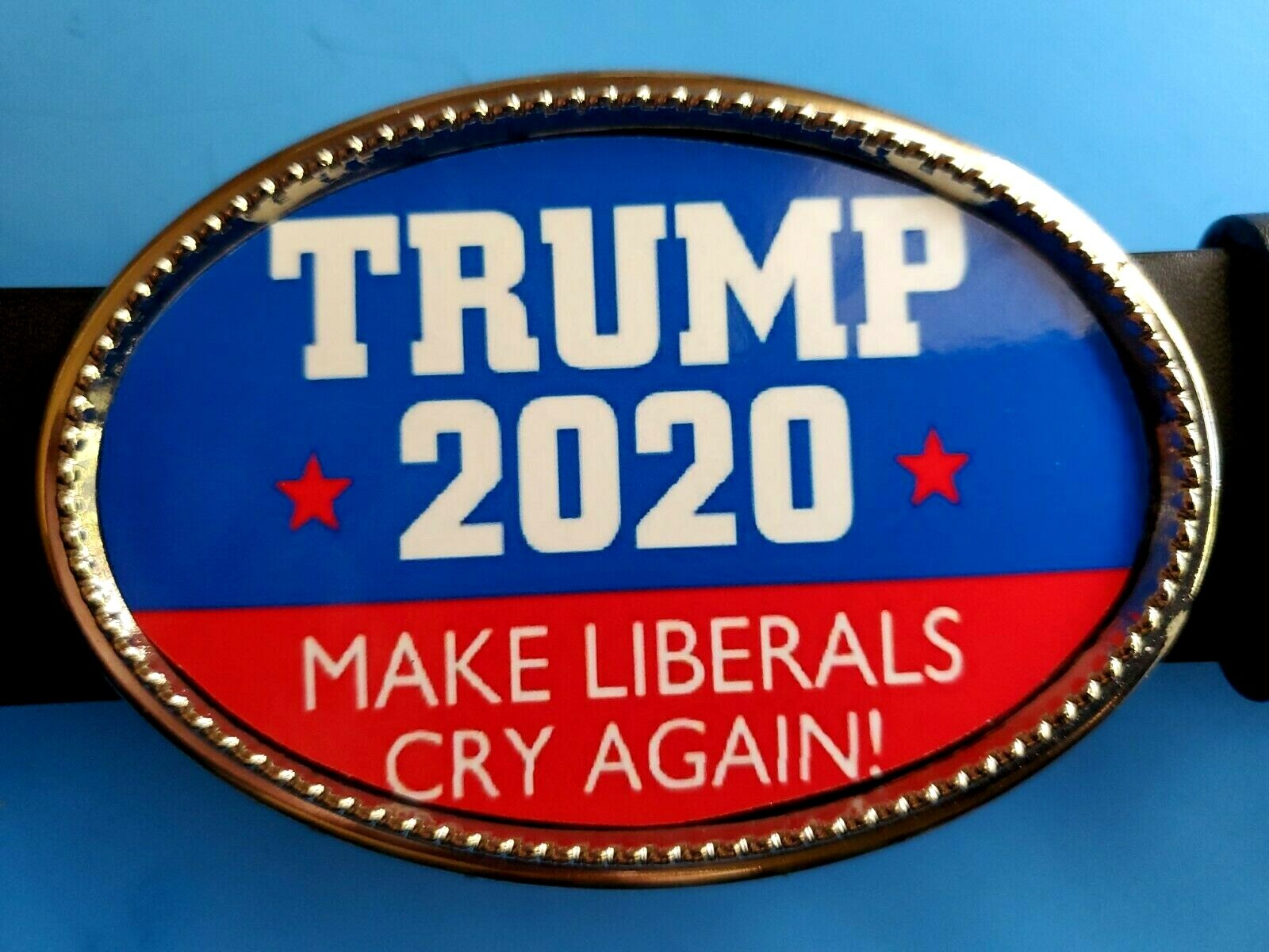 TRUMP Epoxy Belt Buckle – MAKE LIBERALS CRY AGAIN !& Black Bonded Leather Belt