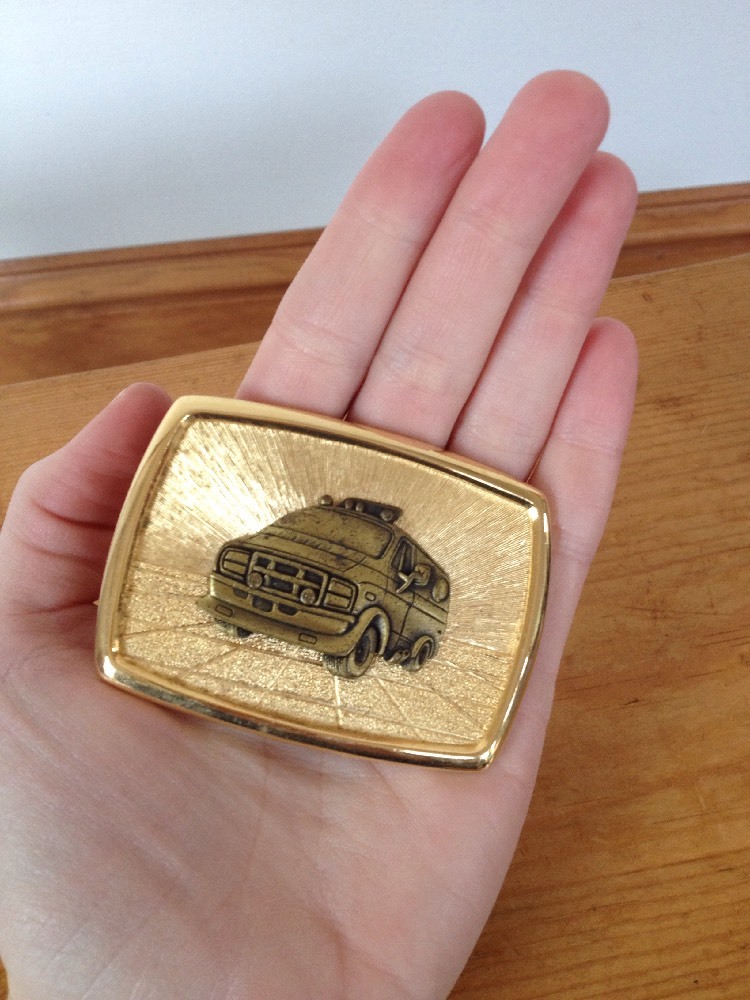 Vtg 70s Retro Style Band Econoline Van Front Flames Brass Goldtone Belt Buckle
