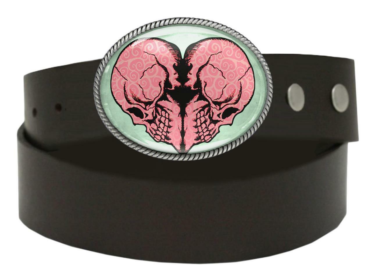 Twin Flame Heart Skull Grunge Pop Art Handmade Oval Belt Buckle