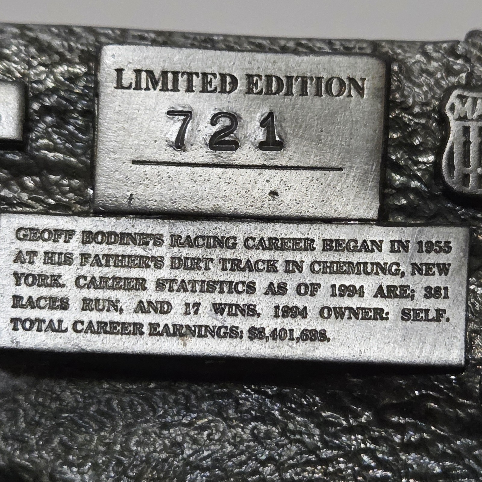 Belt Buckle – Nascar Geoff Bodine limited edition #721 made in USA