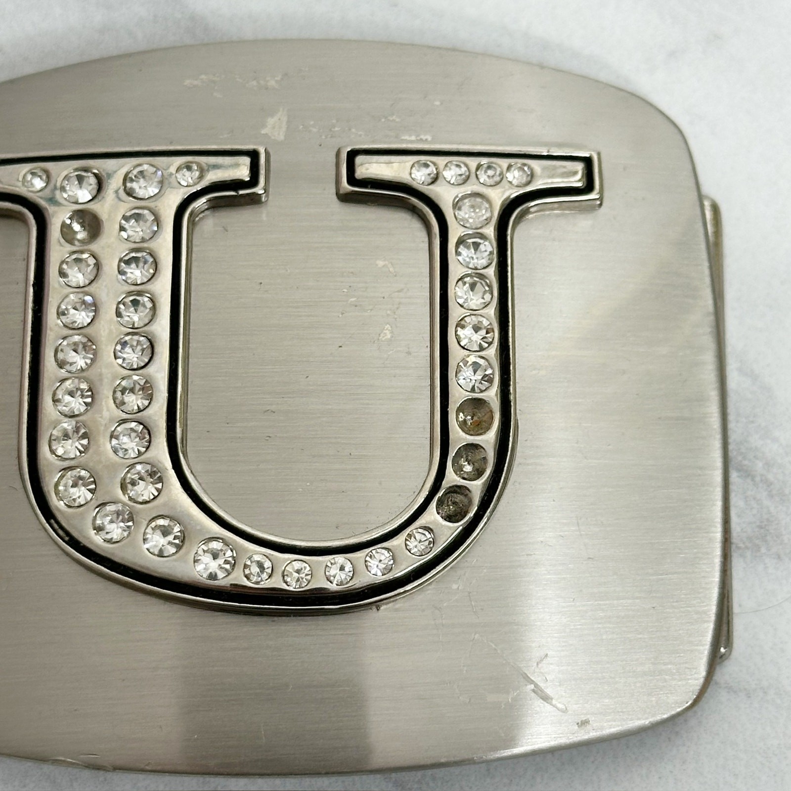 Rhinestone Studded U Letter Initial Monogram Silver Tone Belt Buckle
