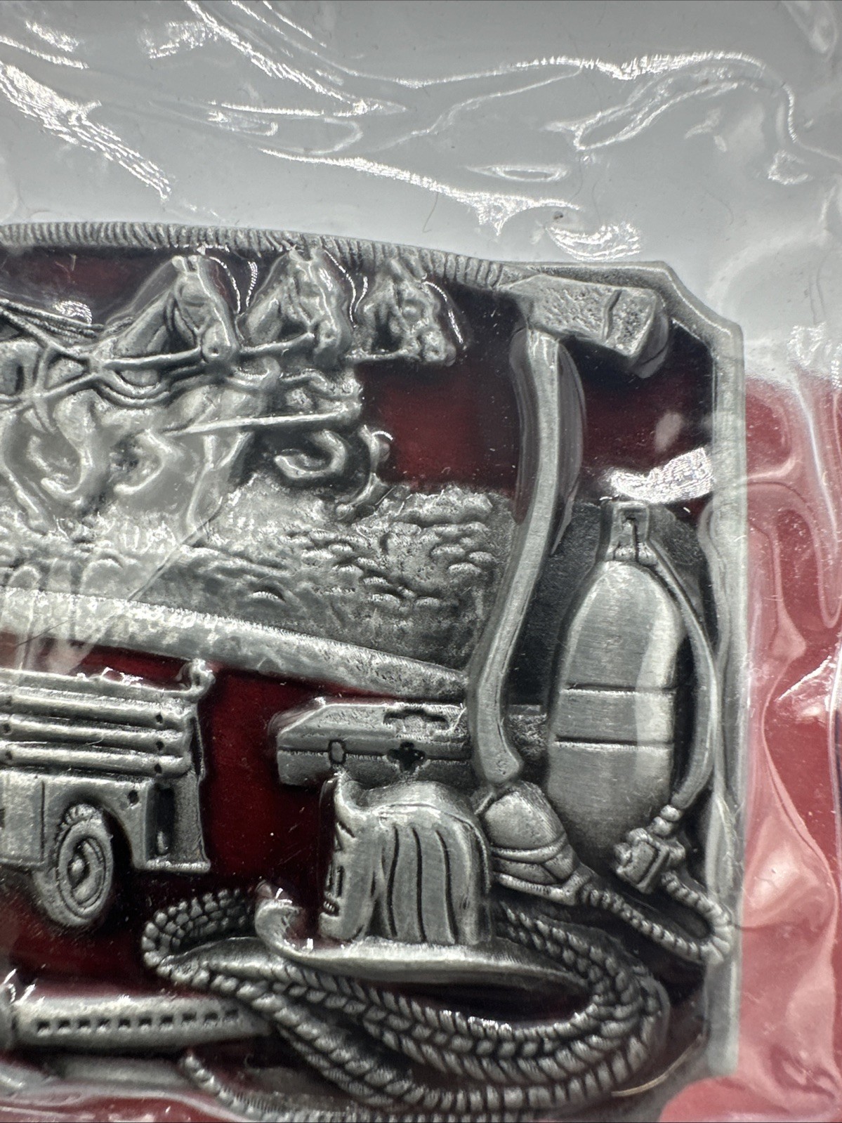 Fire Department Metal Enamel Belt Buckle Horses Truck 3in