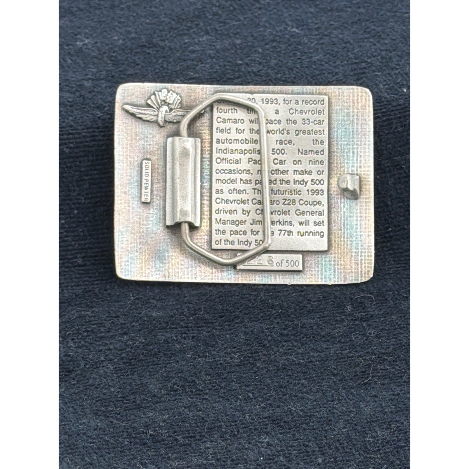 Vtg 1993 Indianapolis 500 Chevrolet Camaro Pace Car Pewter Belt Buckle 226/500