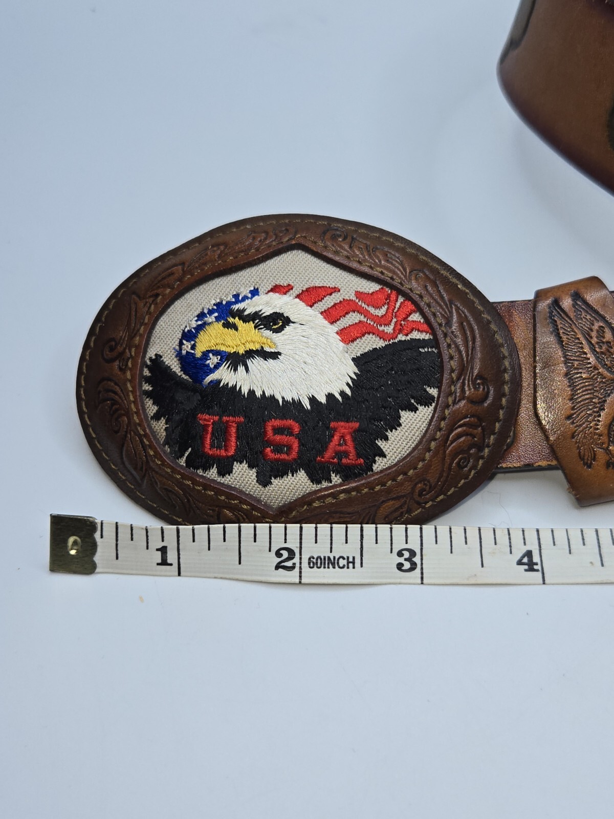Vtg USA Embroidered Eagle Texas Cowhide Buckle/Leegin Tooled Leather Belt 36