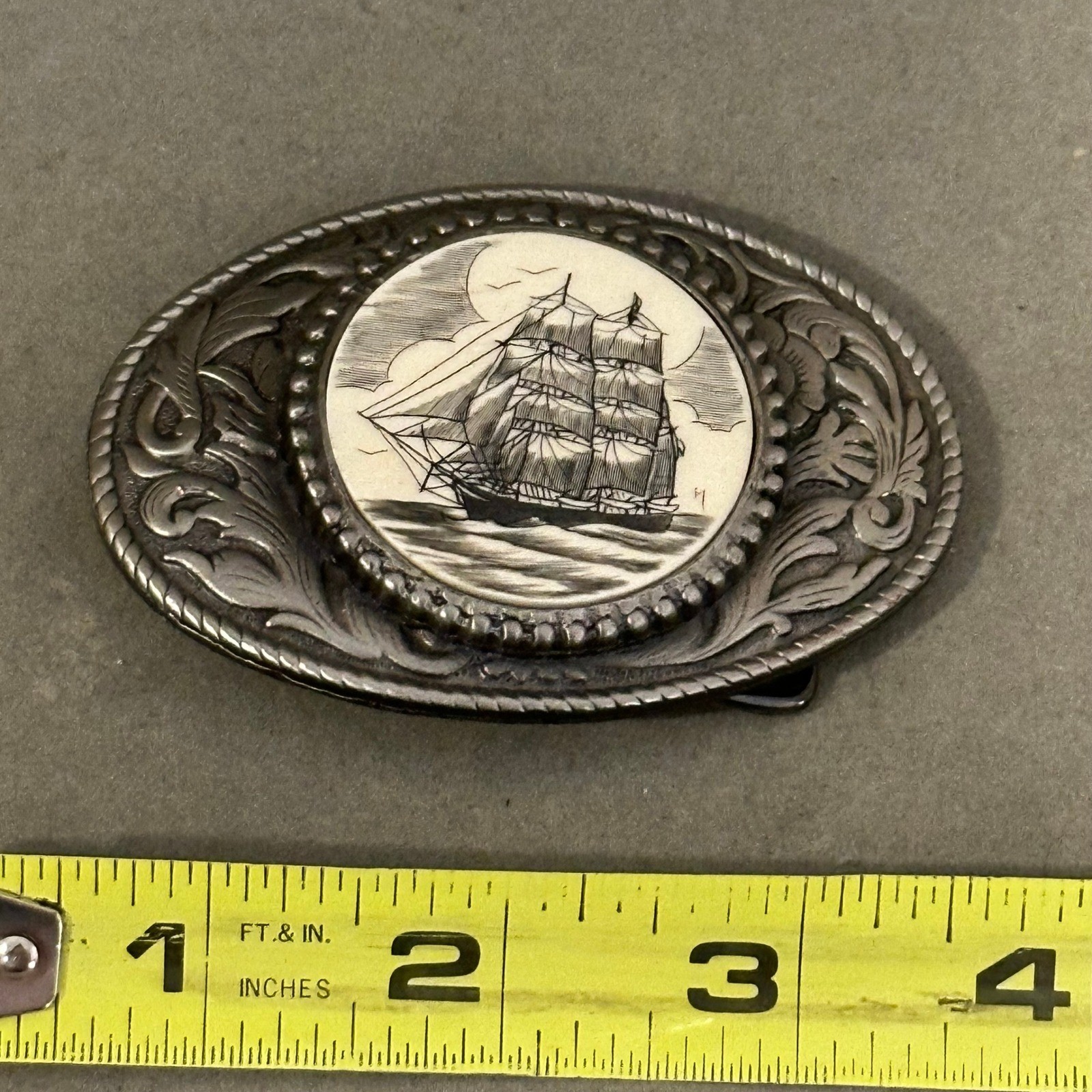 Vintage Admiral Scrimshaw Ship Belt Buckle Silver Tone Nautical Tall Ship Oval
