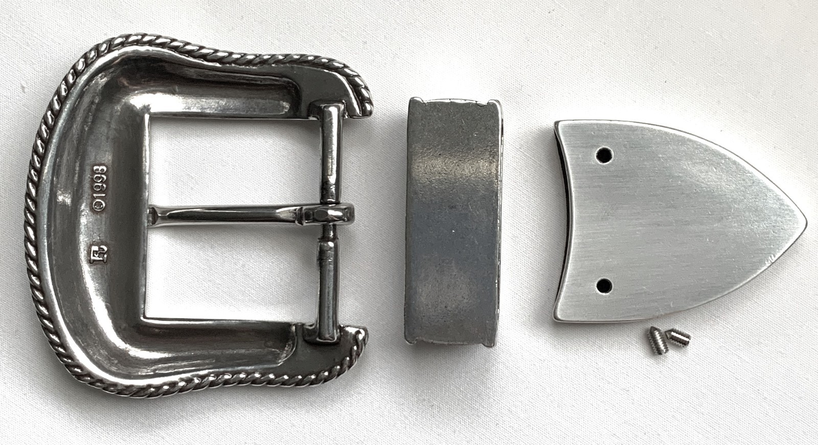 BELT BUCKLES 3pc Buckle Set 1.5 inch Western Rope Edge Smooth Shiny Silver NWOT!