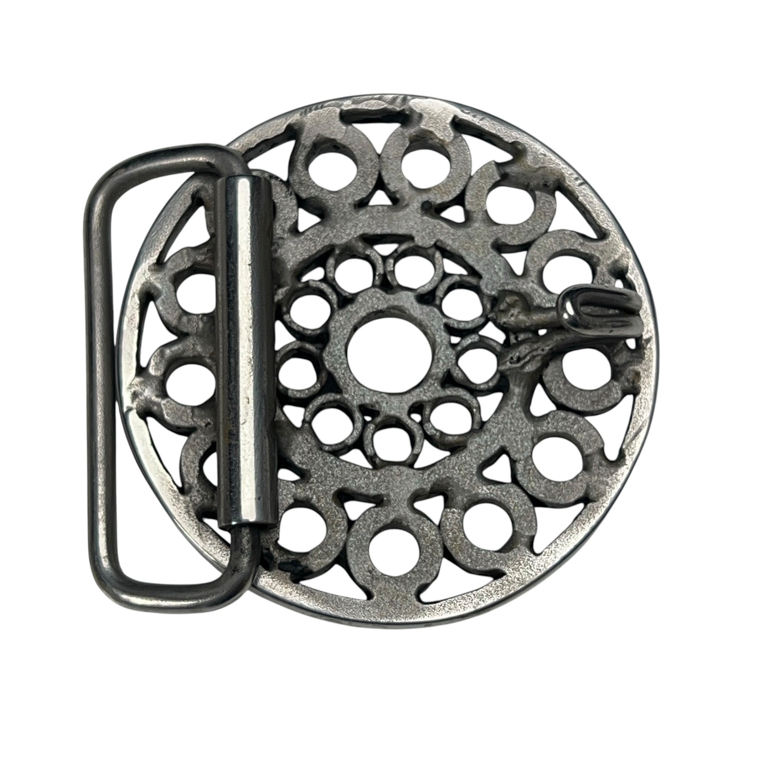 Vintage Silver Tone Round Openwork Geometric Circle Belt Buckle