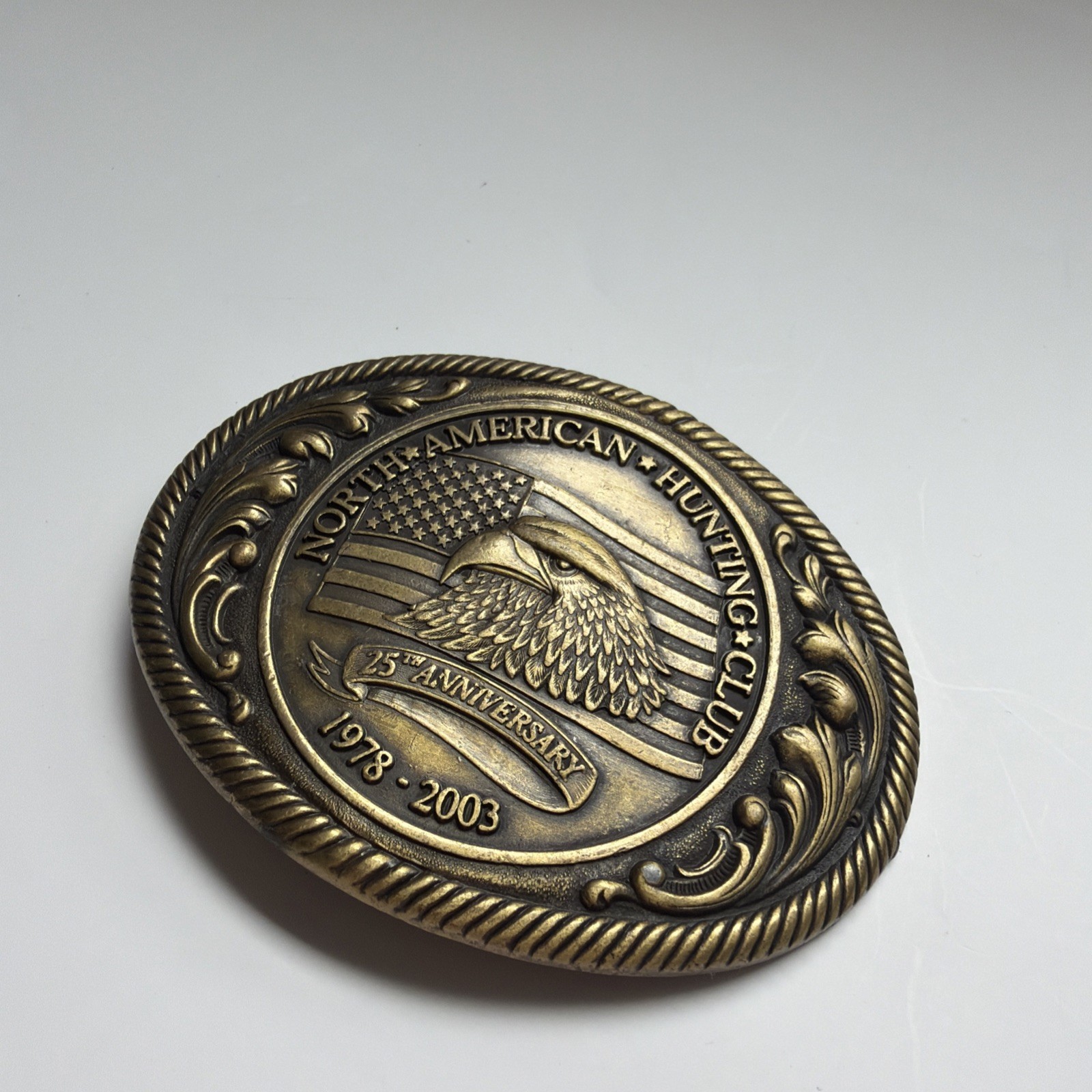 North American Hunting Club Brass Belt Buckle 25th Ann 1978-2003 Oval Eagle Flag