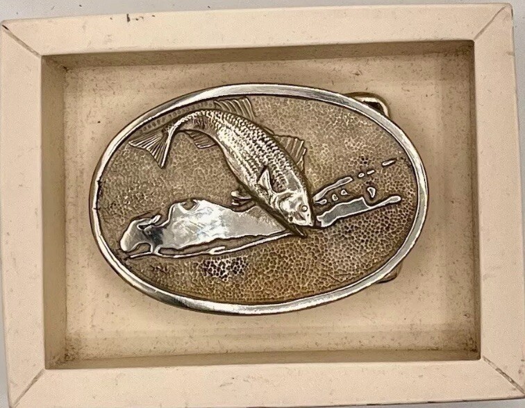 Striped Bass Belt Buckle Bonfe Leather Nautical Fish Map Silver Brass