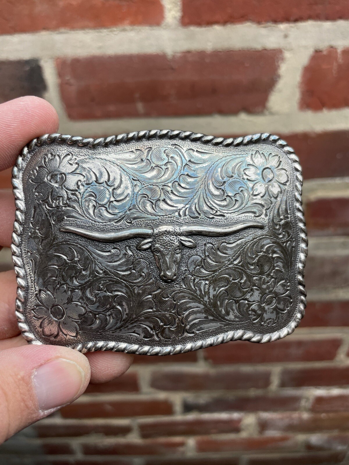 Nocona Long Horn Steer Head Rope Border Engraved Floral Pattern Western Buckle