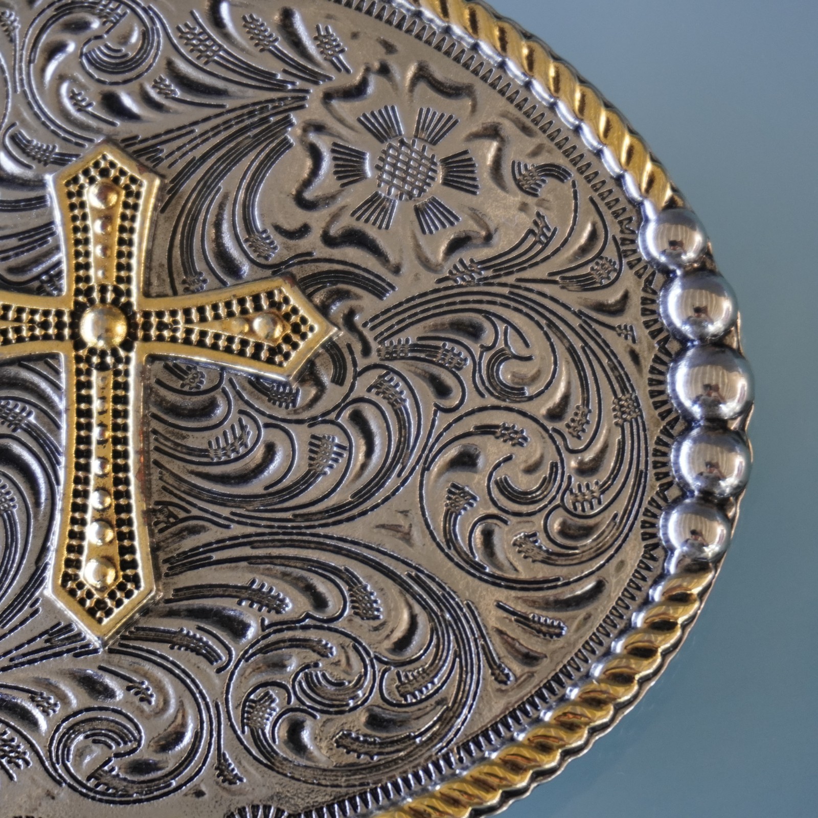 Two Tone Cross Belt Buckle Oval Silver Gold Floral Filigree Western