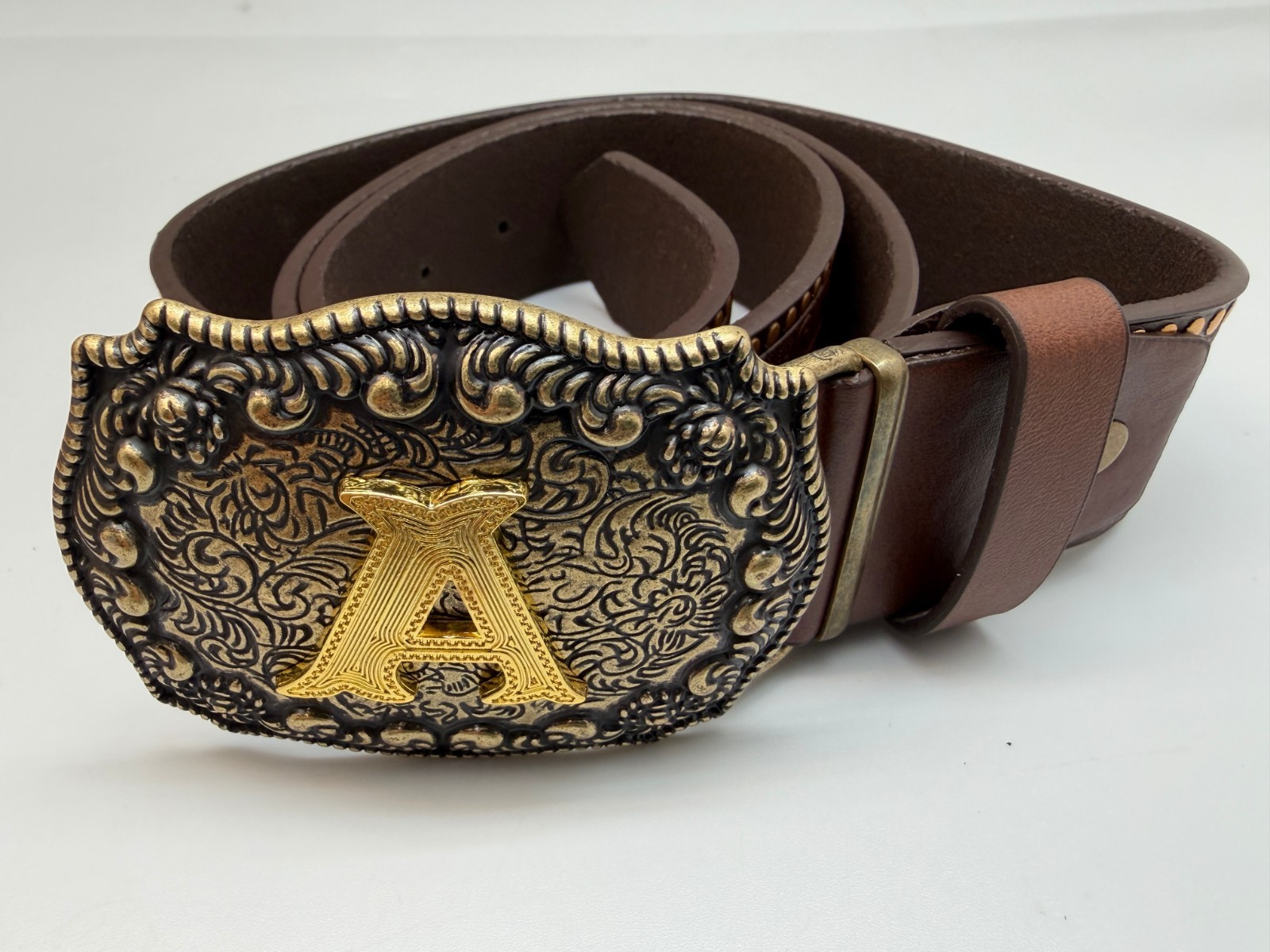 Antiqued Silver Letter Initial A Gold Classic Rectangle Flower Belt Buckle
