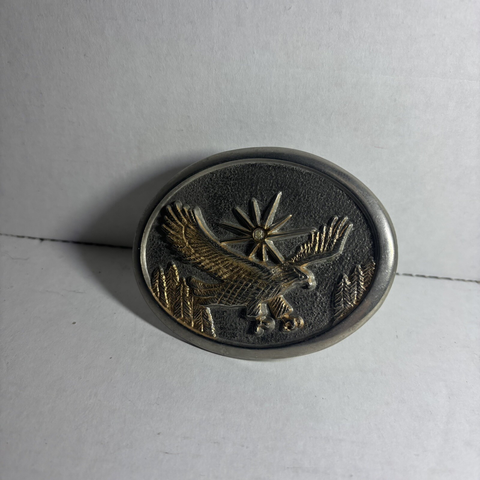 Vintage 70s 80s Western Gold & Silver Tone Flying Eagle Oval Belt Buckle