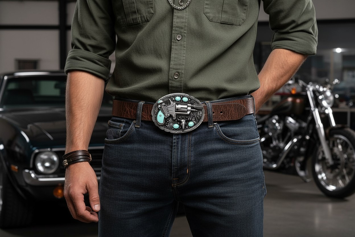 Men Western Buckle Dark Silver Metal Revolver Pistol Gun Feather Bull Turquoise
