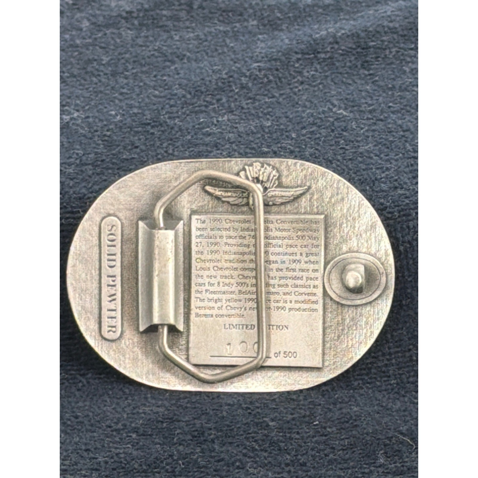 Vintage 1990 Indy 500 Chevrolet Beretta Pace Car Pewter Belt Buckle 100/500