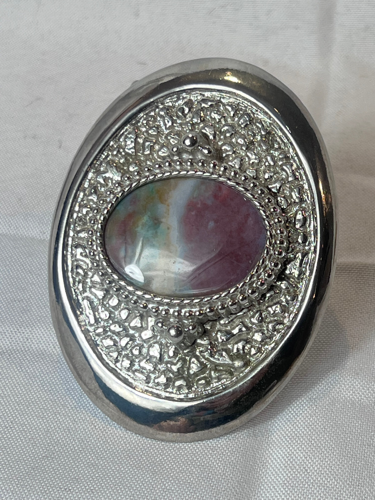 Vtg Western Style Belt Buckle Silvertone And Polished Flat Multicolor Stone