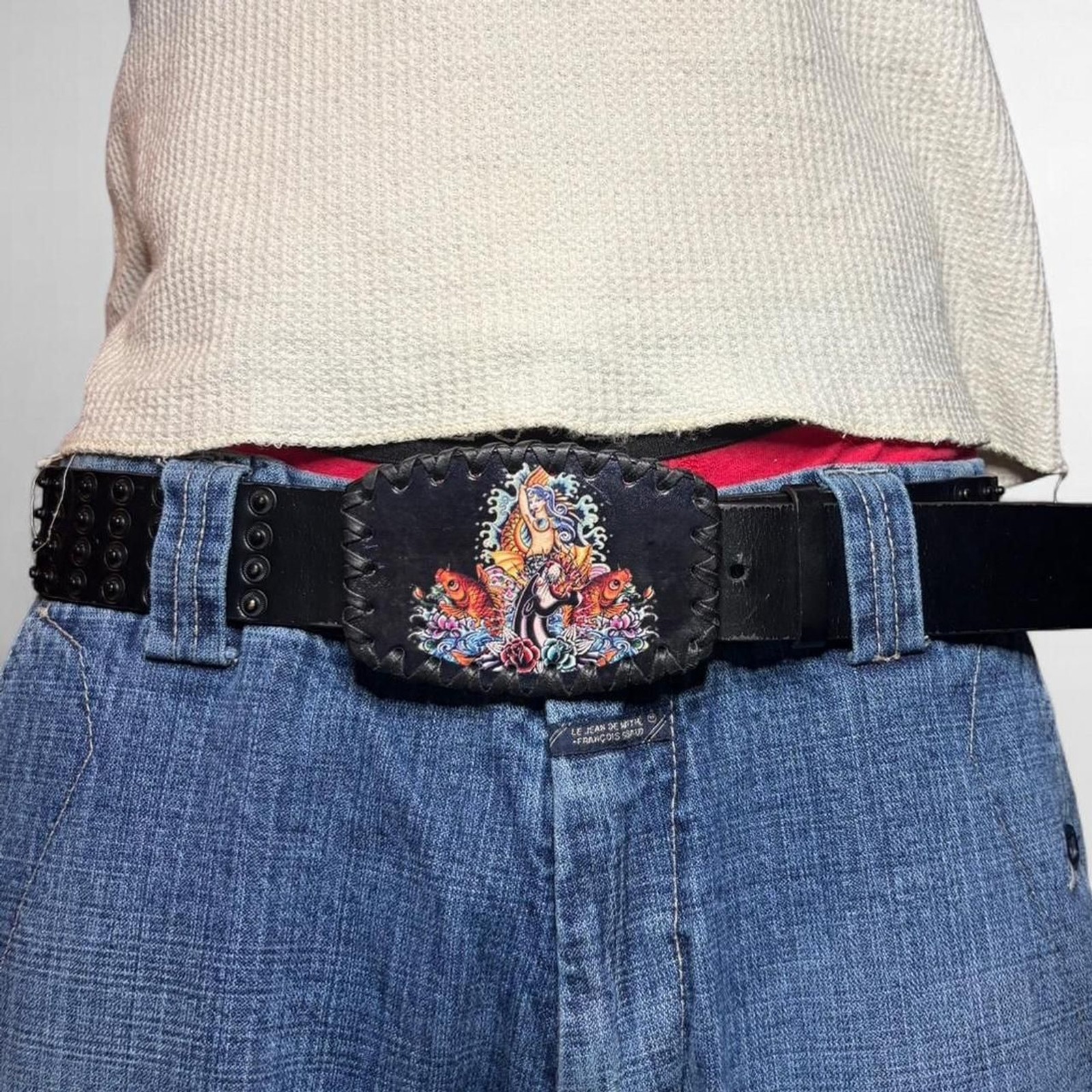 American trad tattoo style vintage Faux Leather y2k Men&rsquo;s Black Belt buckle