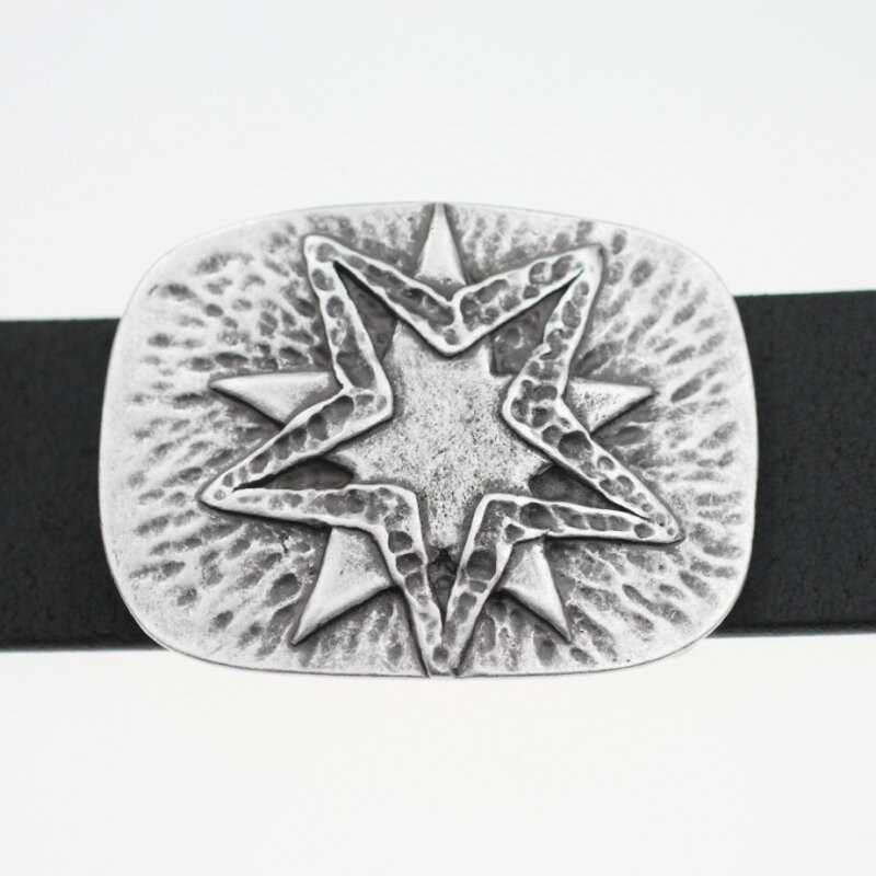 Antique Silver Double Star Relief Belt Buckle Textured Rustic Design