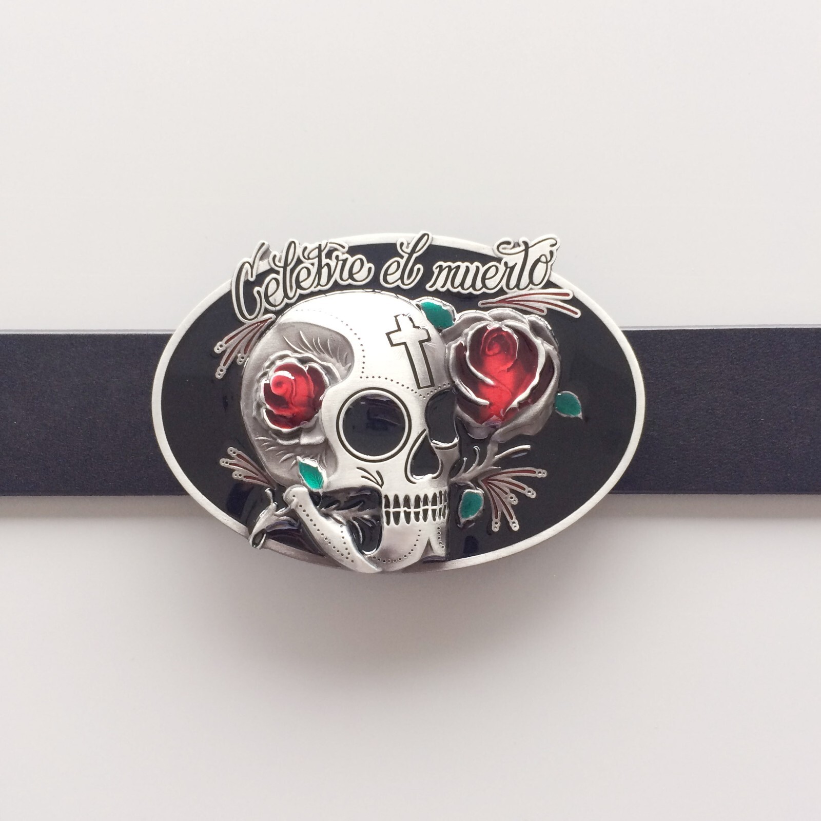 Vintage Oval Tattoo Rose Flower Skull Wedding Belt Buckle