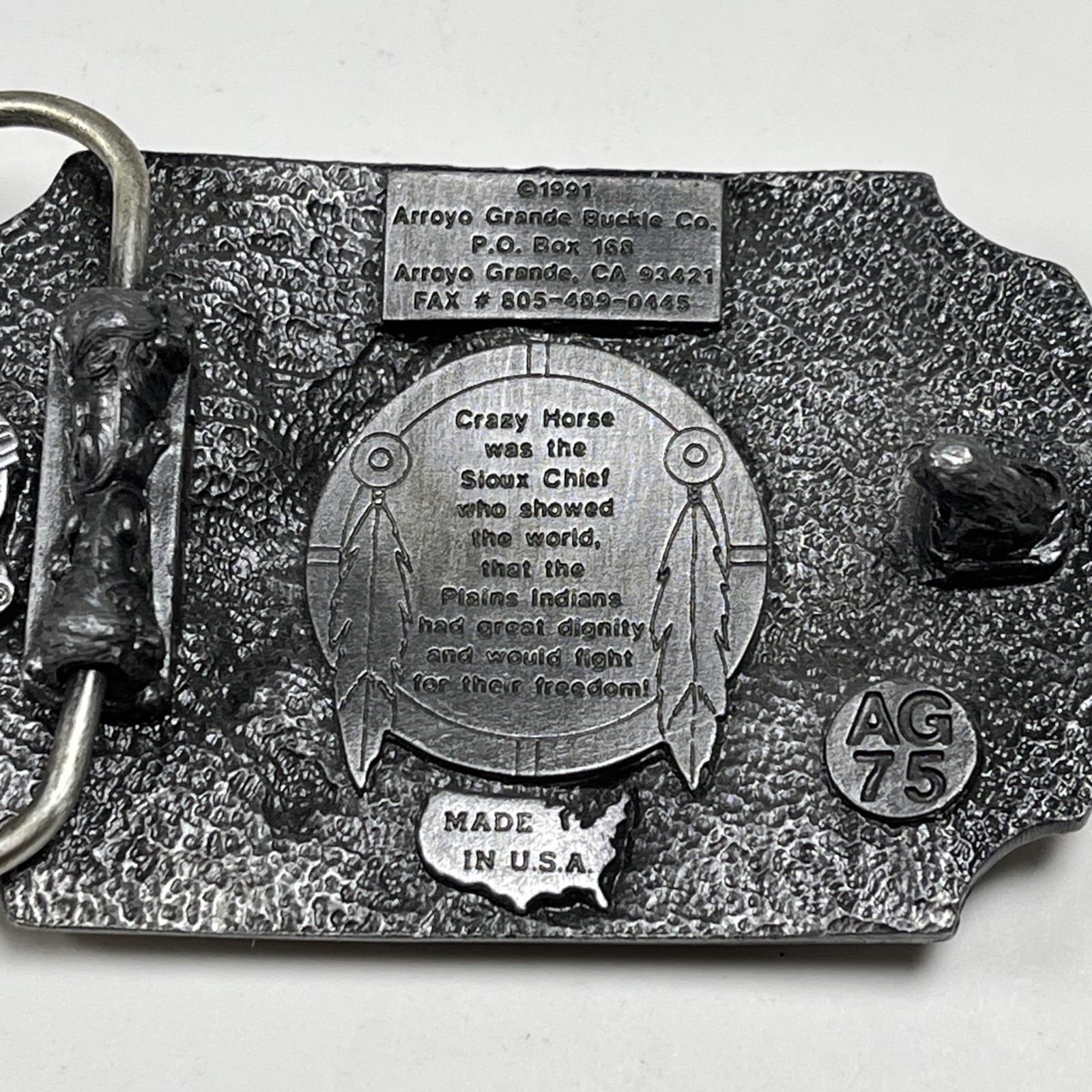 1991 Native American Crazy Horse Sioux Indian Chief Pewter Buckle Arroyo Grande