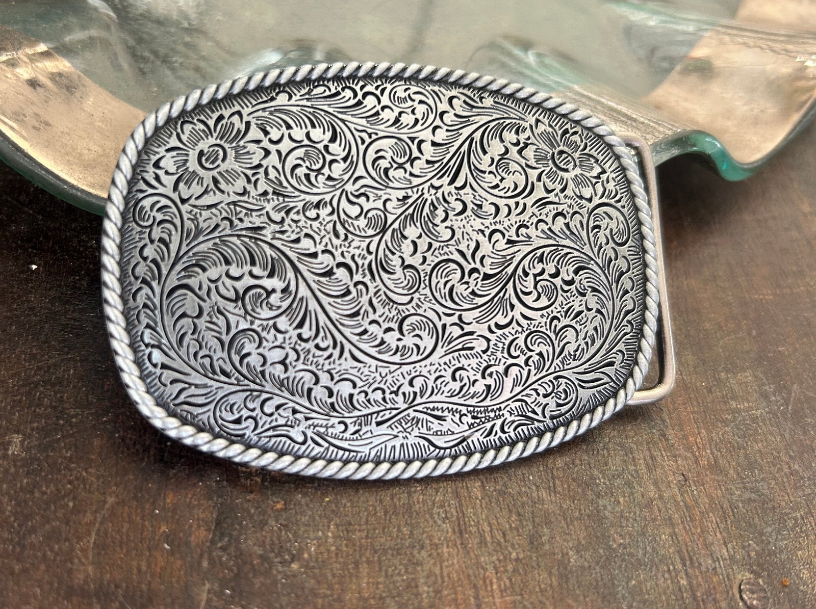 Engraved Silver Belt Buckle Western Rodeo Rope Border Cowboy Style Heavy Duty