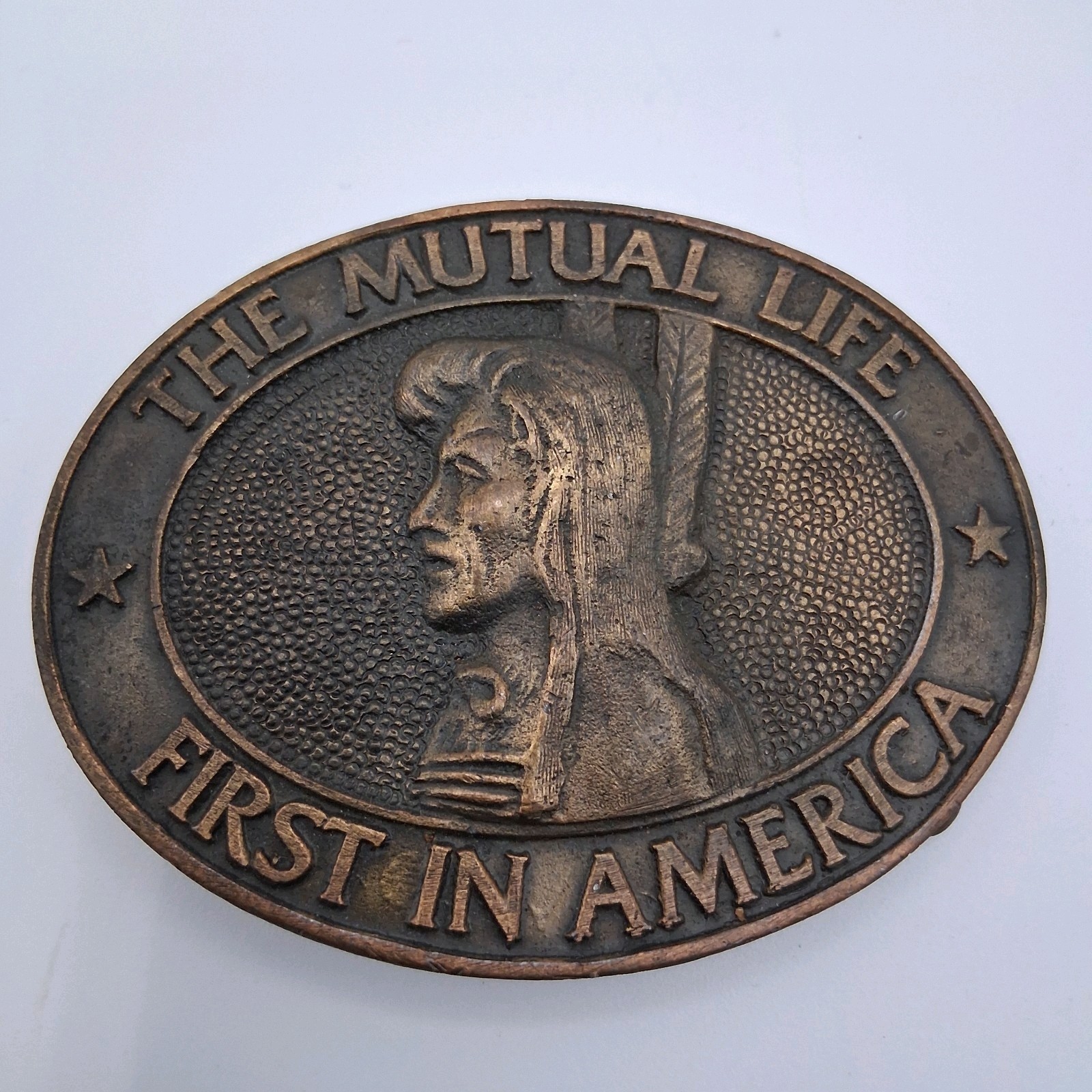 Vintage The Mutual Life First in America Insurance Advertising Metal Belt Buckle