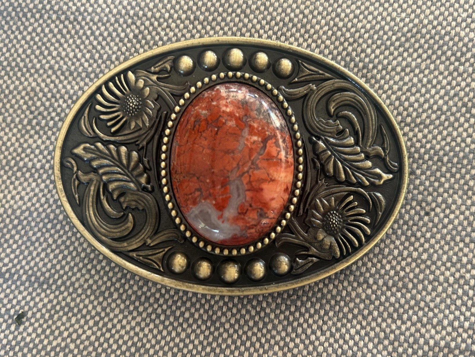 Burnt Orange Stone Western Belt Buckle Agate Inlay Cowboy Brass 1.5in Strap Fit