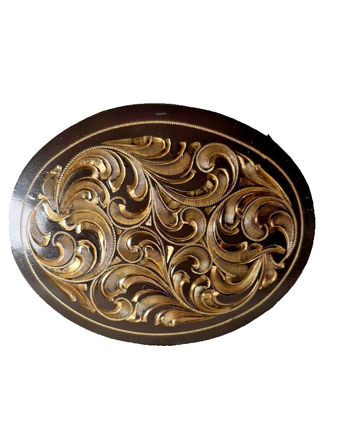 Western Belt Buckle 4.25 x 3.25 in Handcrafted Oval Engraved Brown Gold 2.25