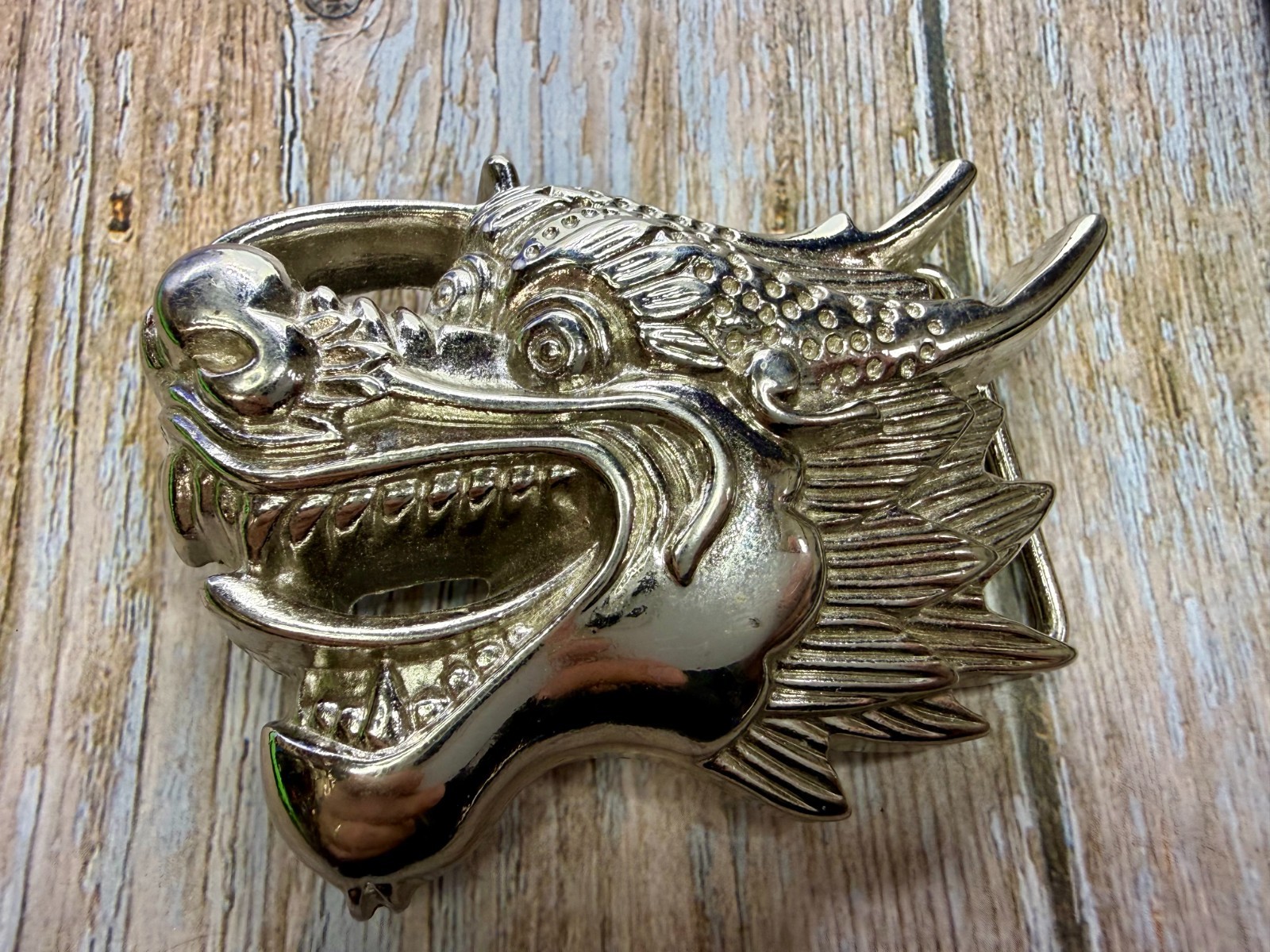 Mystical Asian Chinese Dragon Head Figural Cutout Silver Color Belt Buckle