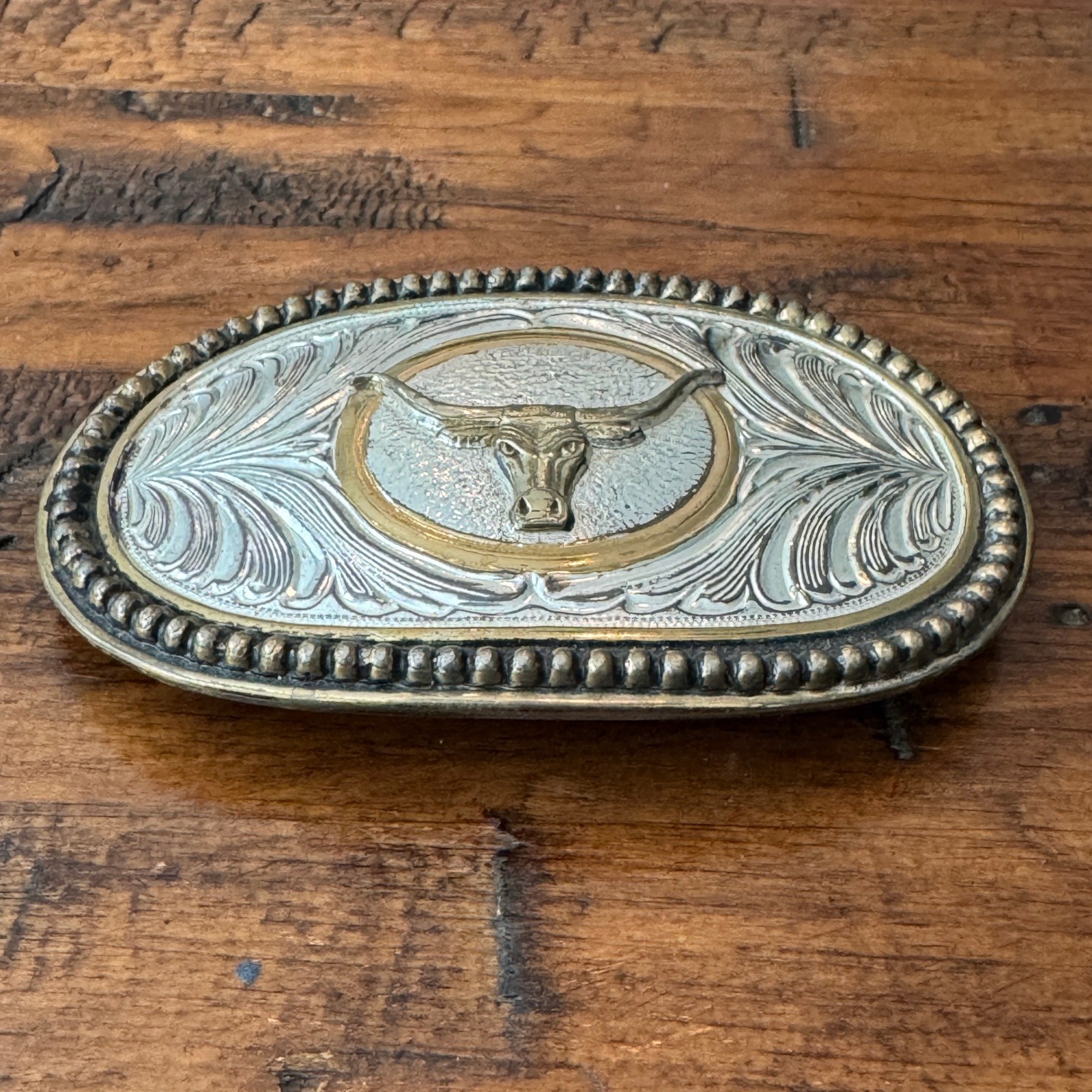 Western Longhorn Bull Belt Buckle Silver Gold Tone Floral Scroll Oval Cowboy