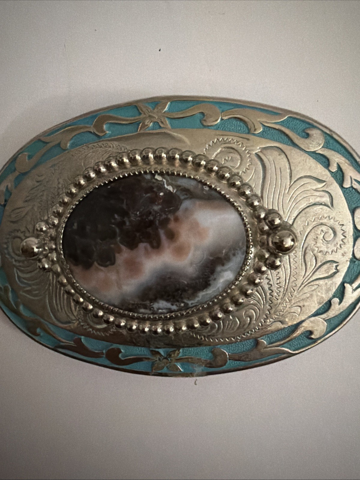 Southwestern Stone Belt Buckle Oval Floral Agate Western Silvertone