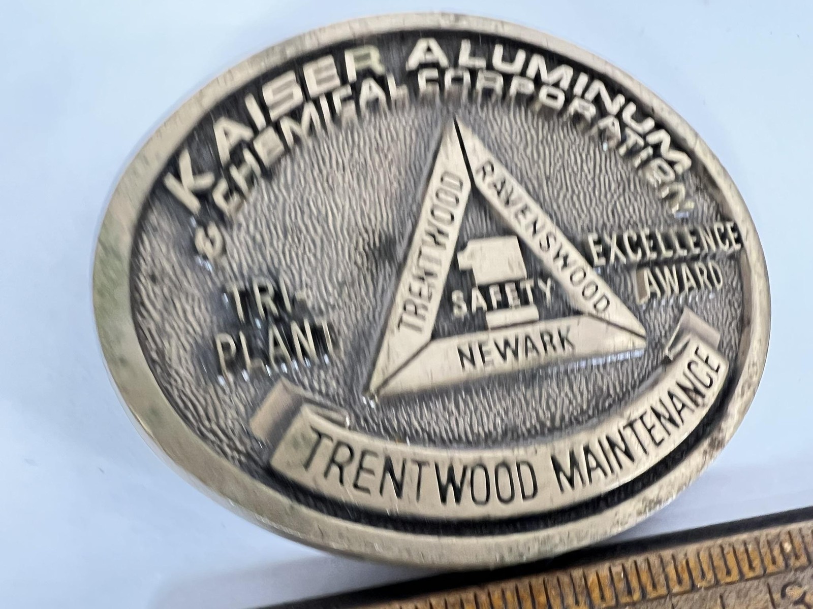 Vintage Kaiser Aluminum Belt Buckle Mens Gold Tri Plant Excellence Logo Safety
