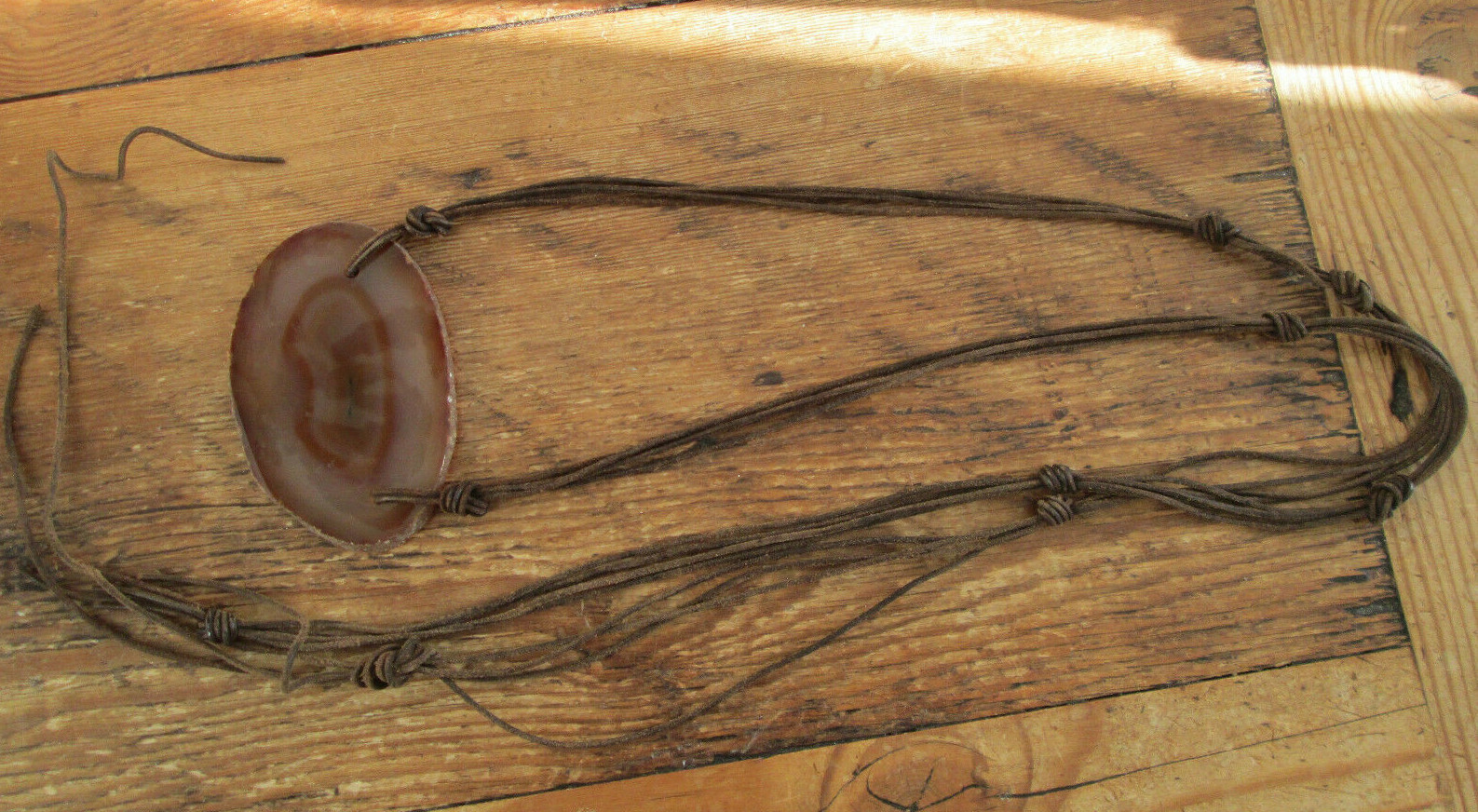 Brazilian Agate Slab Brown Geode and Brown Leather Boho Belt (or Necklace)