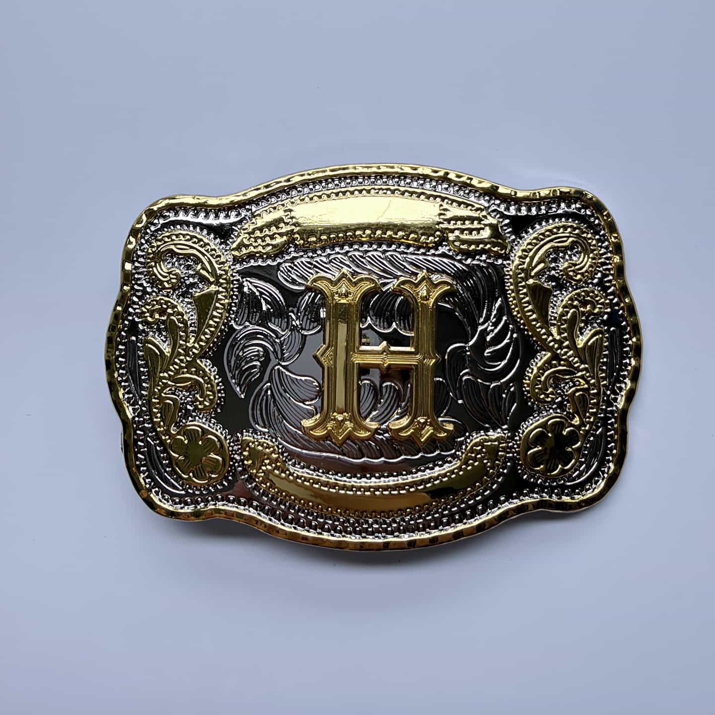 Bright Silver With Gold Initial Letter A-Z Cowboy Cowgirl Rectangle Belt Buckle
