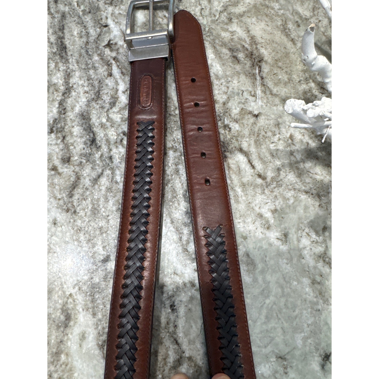 Columbia Men&rsquo;s Reversible Leather Belt Black Woven Center Braid Inlay sz 36