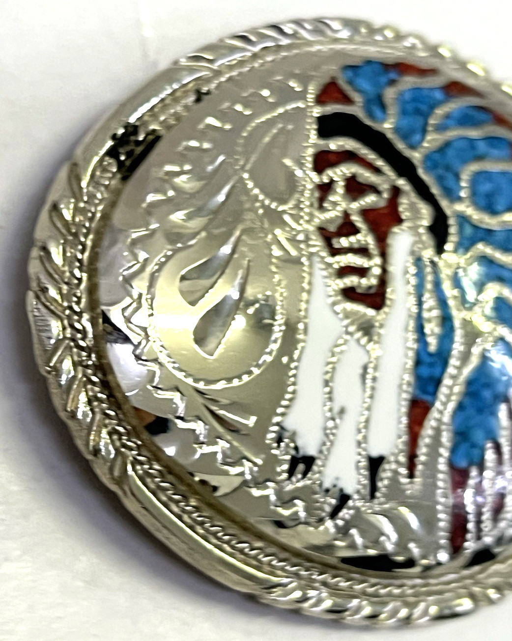 Silver Engraved Inlaid Belt Buckle Indian Chief Head Dress w/Turquoise & Coral