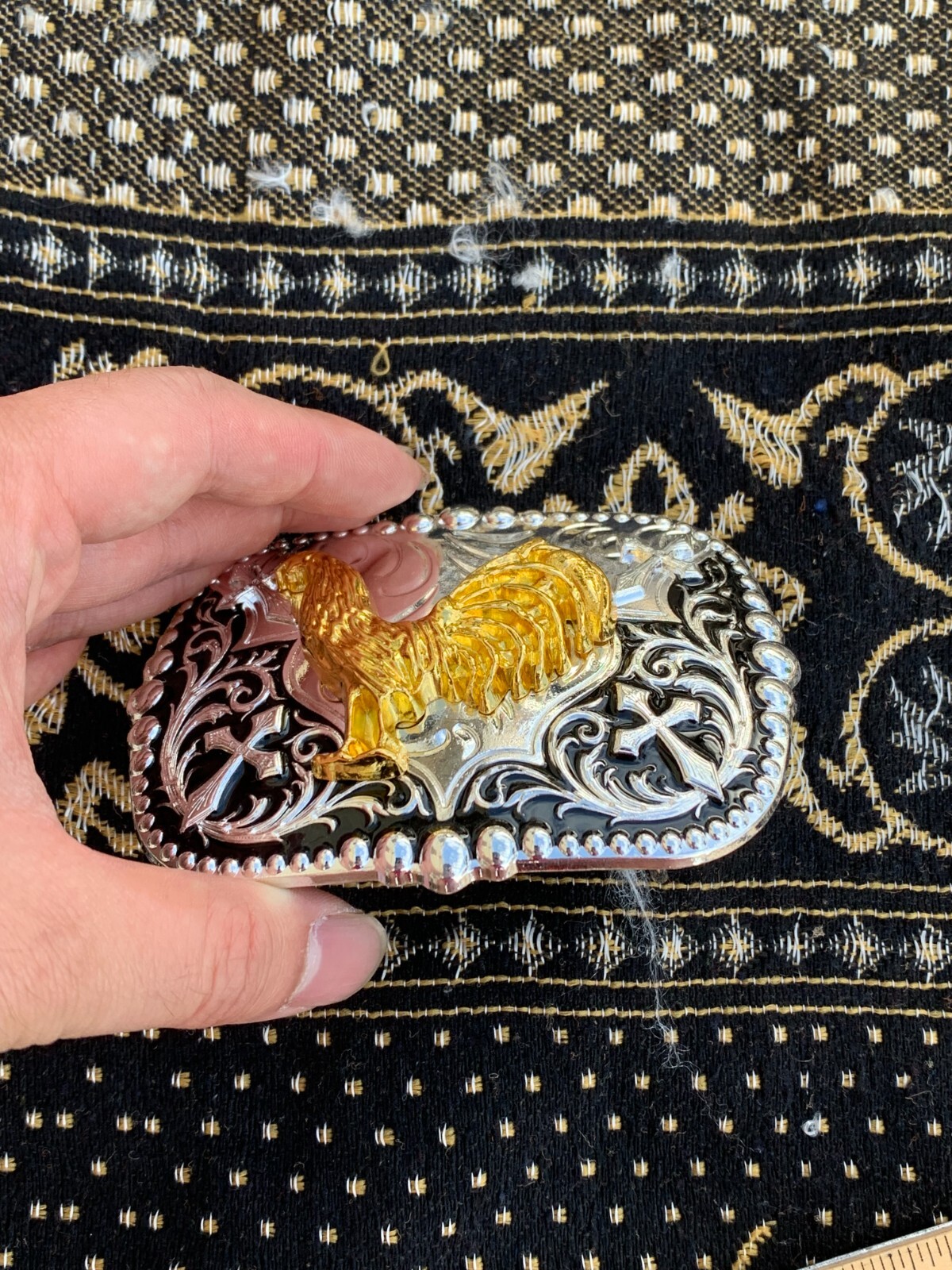 Western Buckle Gold Black Silver Rooster Cowboy 2 »Buckle Hebilla Vaquero Gallo