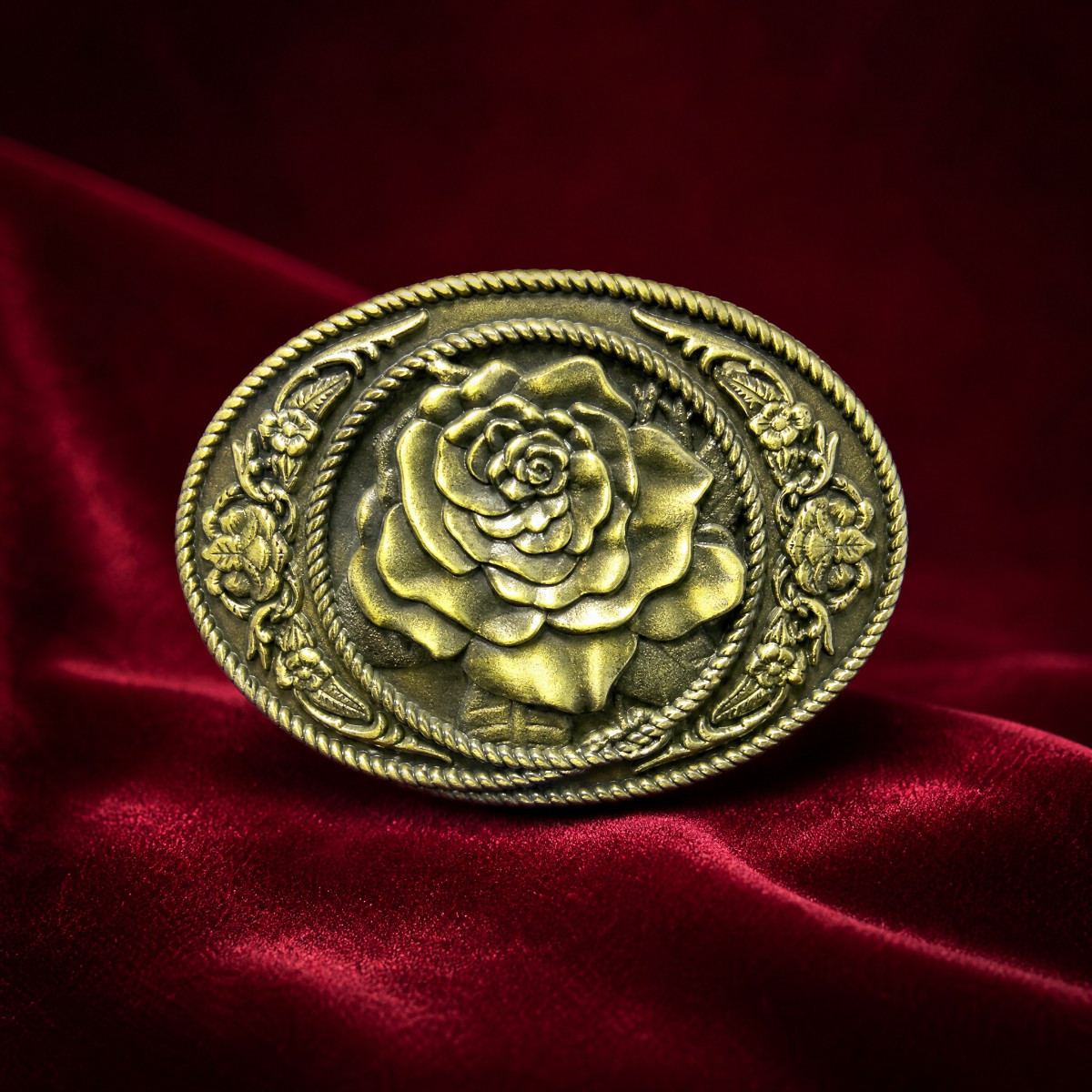 Western Rose Flower Oval Bronze Plated Belt Buckle Cowgirl Country Floral Mens