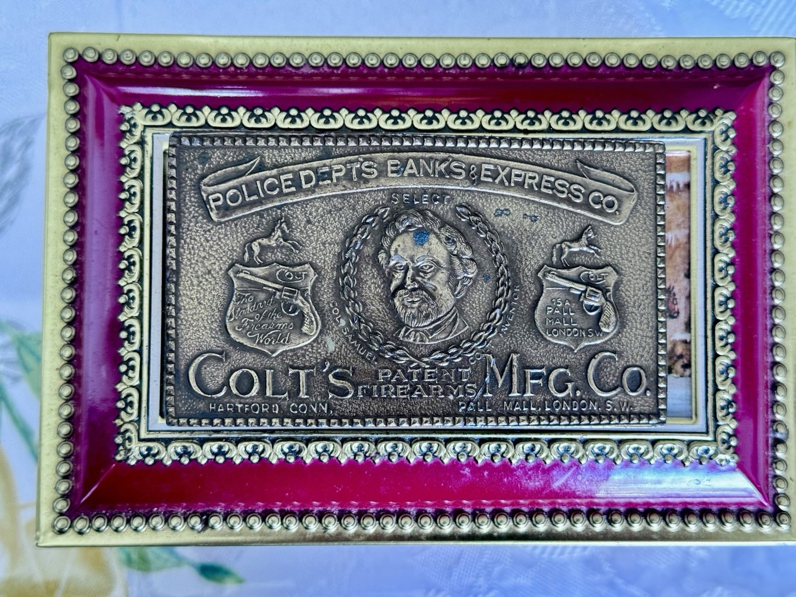 Vintage Colt Firearms Brass Tone Belt Buckle Police Banks Express 6.0 Oz.