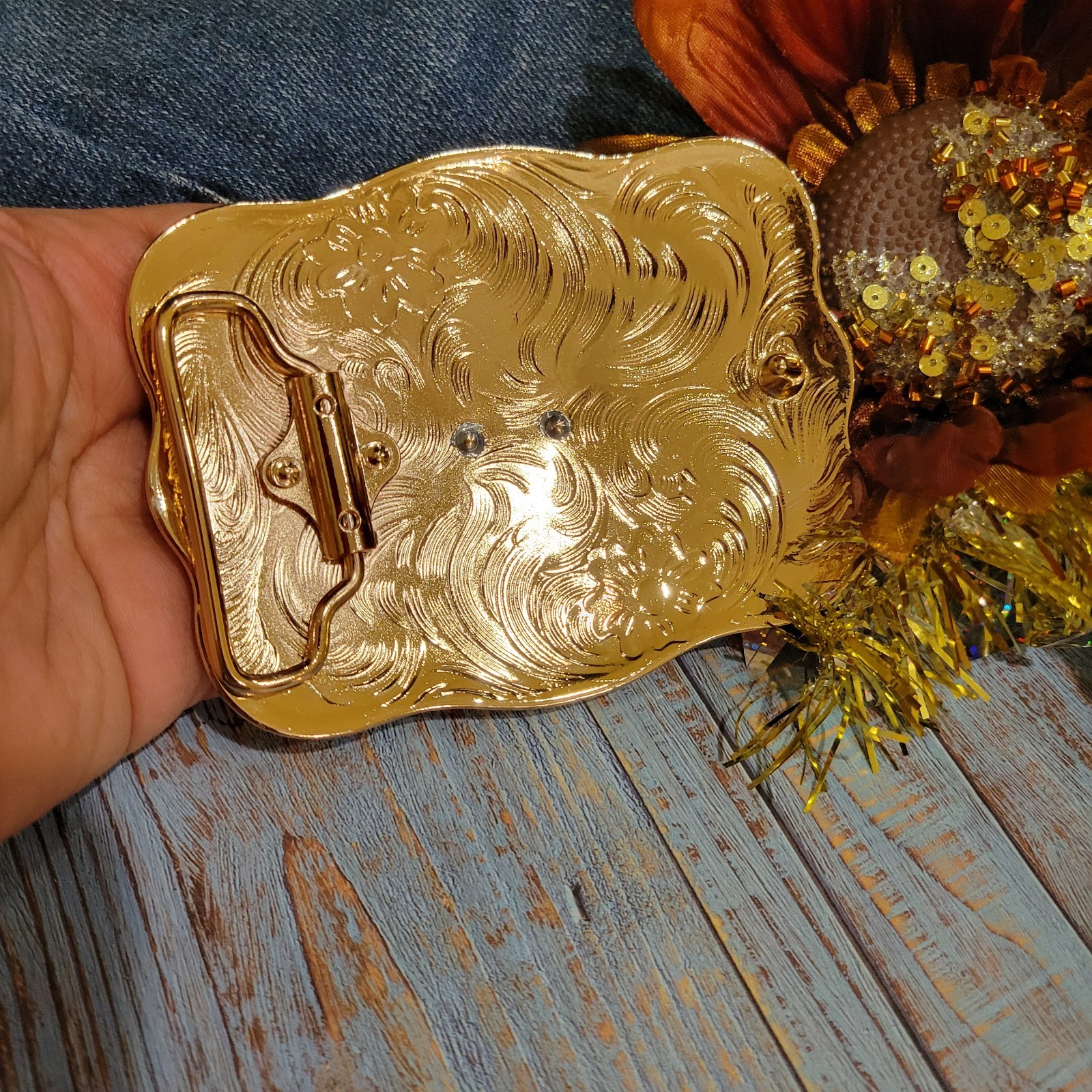 Rooster Cowboy Belt Buckle Western Hebilla Silver & Rosetone Rhinestone 4×3.5&Prime;