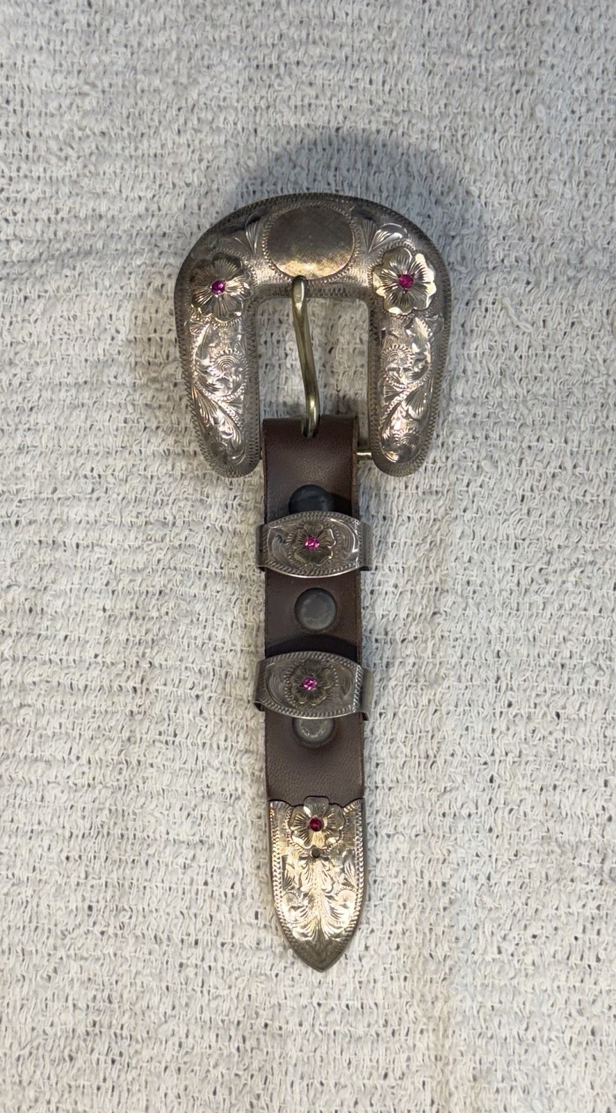 Vogt Sterling Silver 14K Gold Ruby Engraved Western Floral Belt Buckle 1.5 in