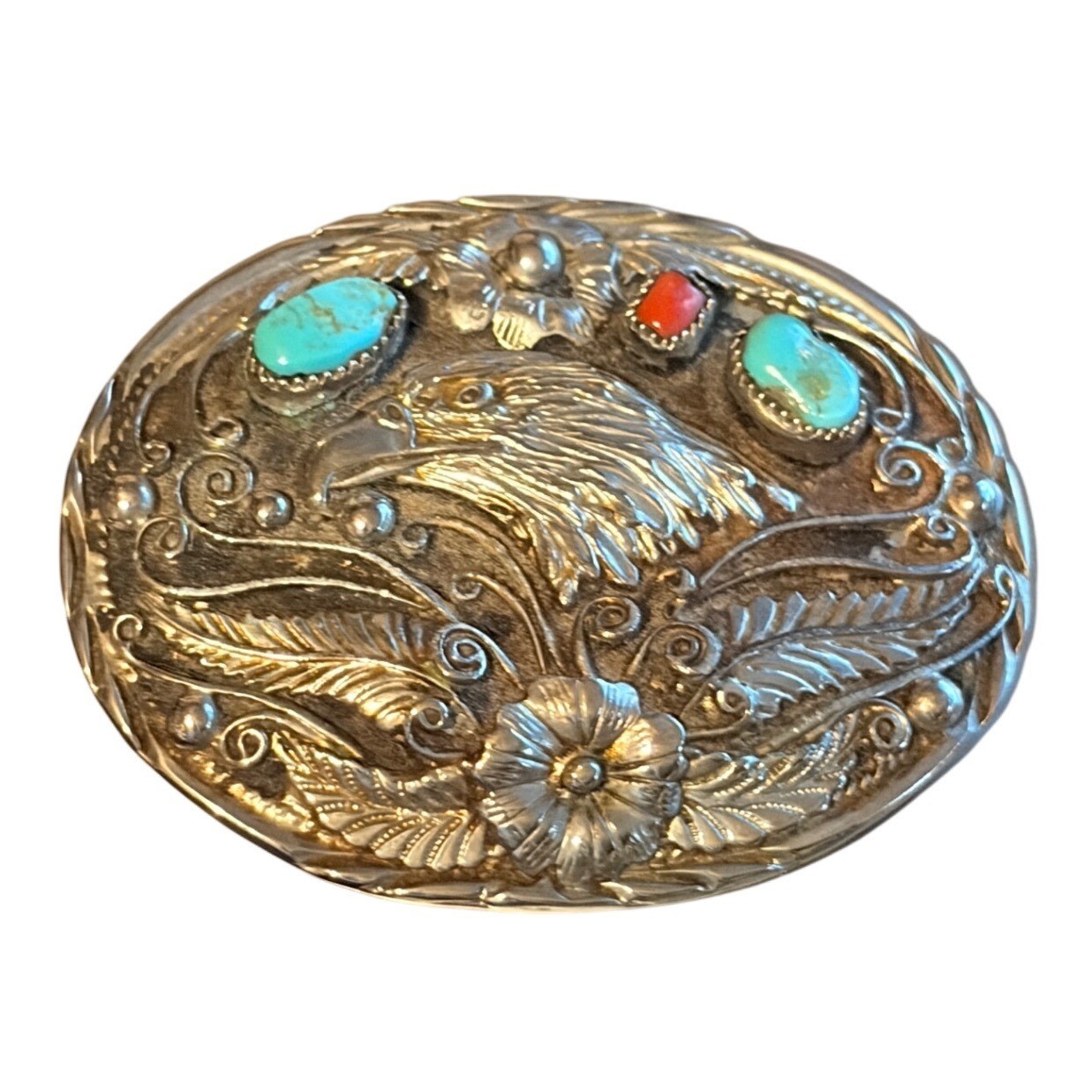 Vintage 1993 Handcrafted USA Eagle Belt Buckle Turquoise Coral Western Silver