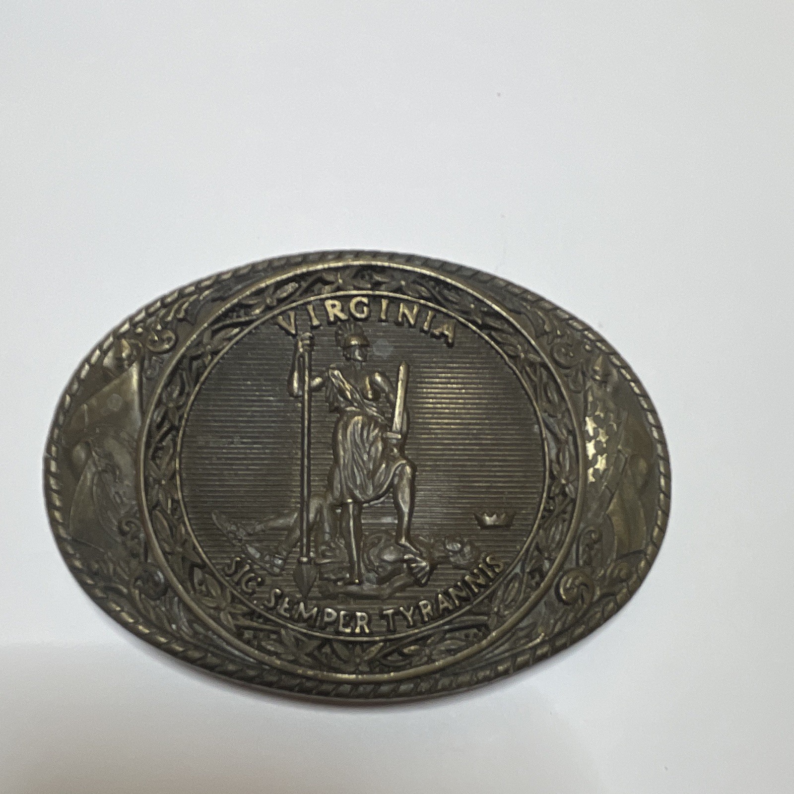 Tony Lama Virginia Sic Semper Tyrannis Oval Solid Brass Belt Buckle 1.75&Prime;