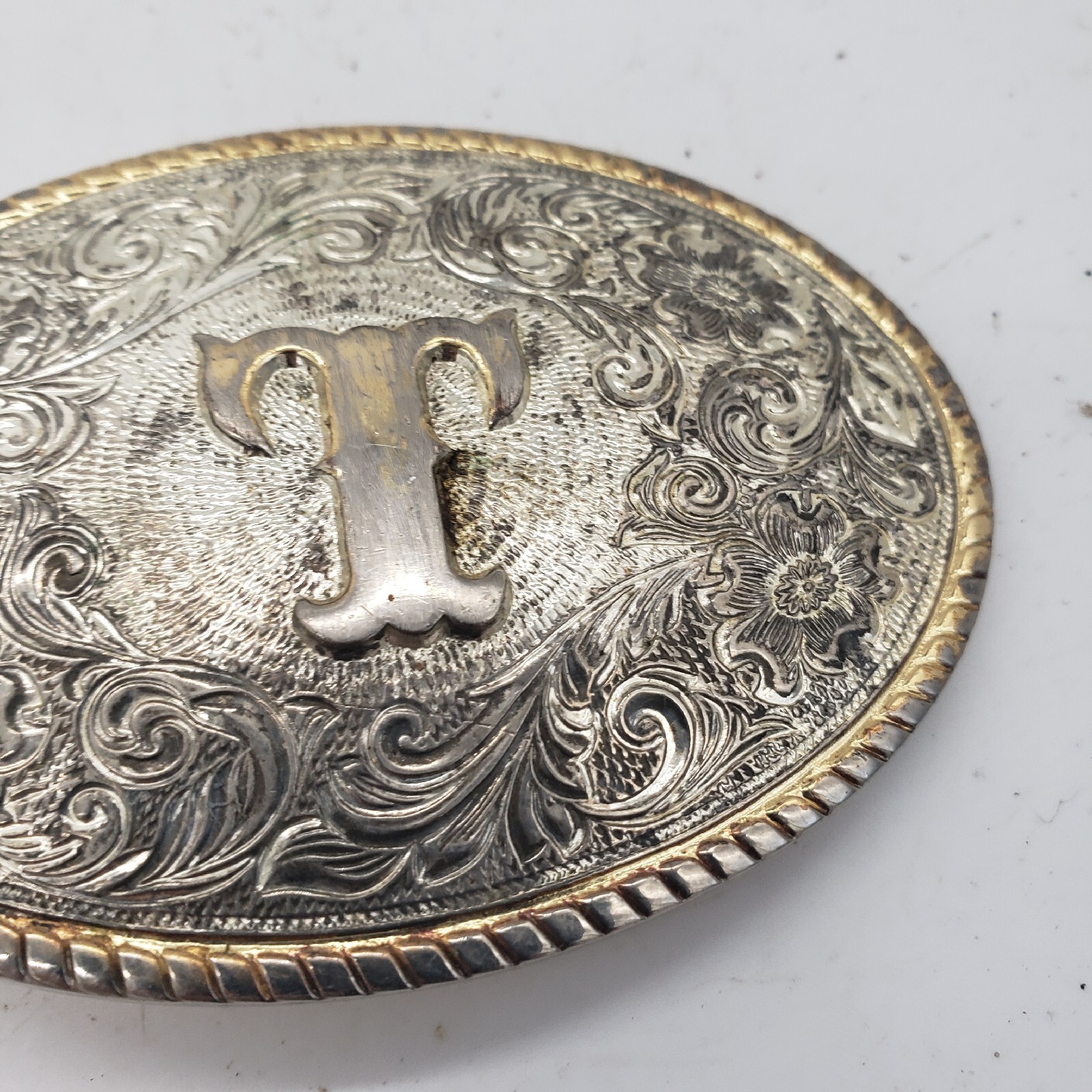 Aminco Heritage Collection T Initial Silver and Gold Plated Western Belt Buckle