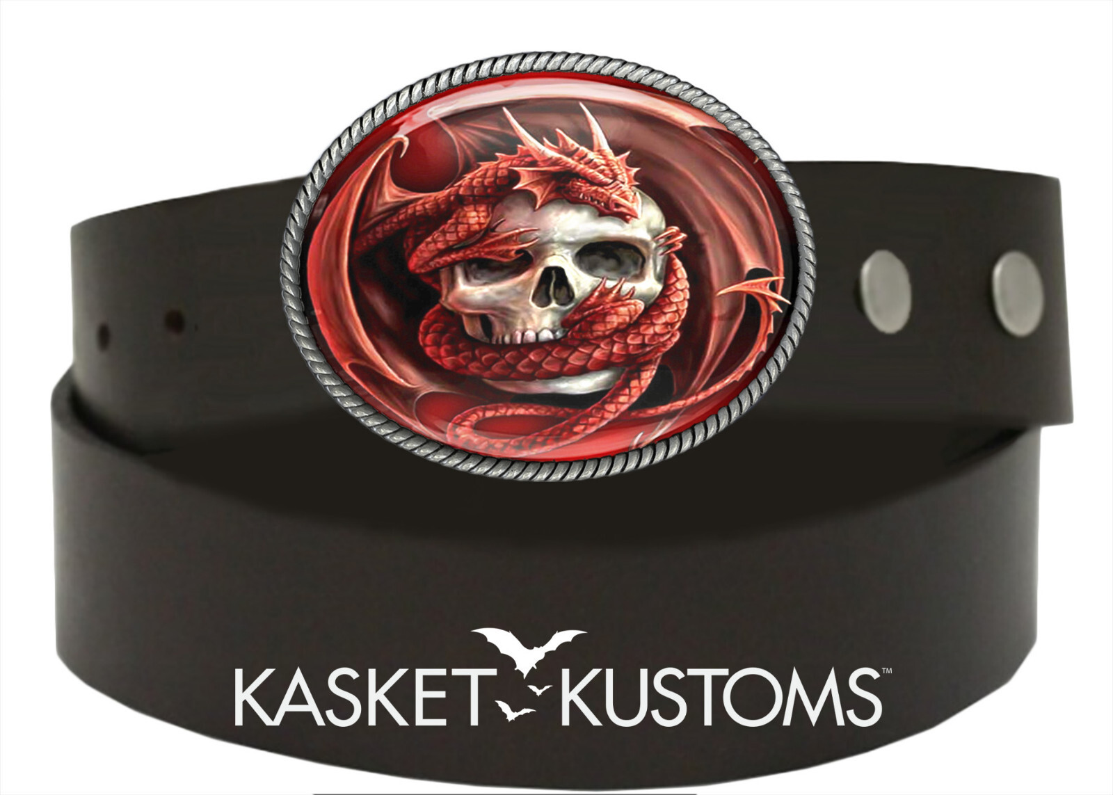 Dragon Skull Belt Buckle – Gothic Fantasy Handmade Silver Oval Buckle – 100