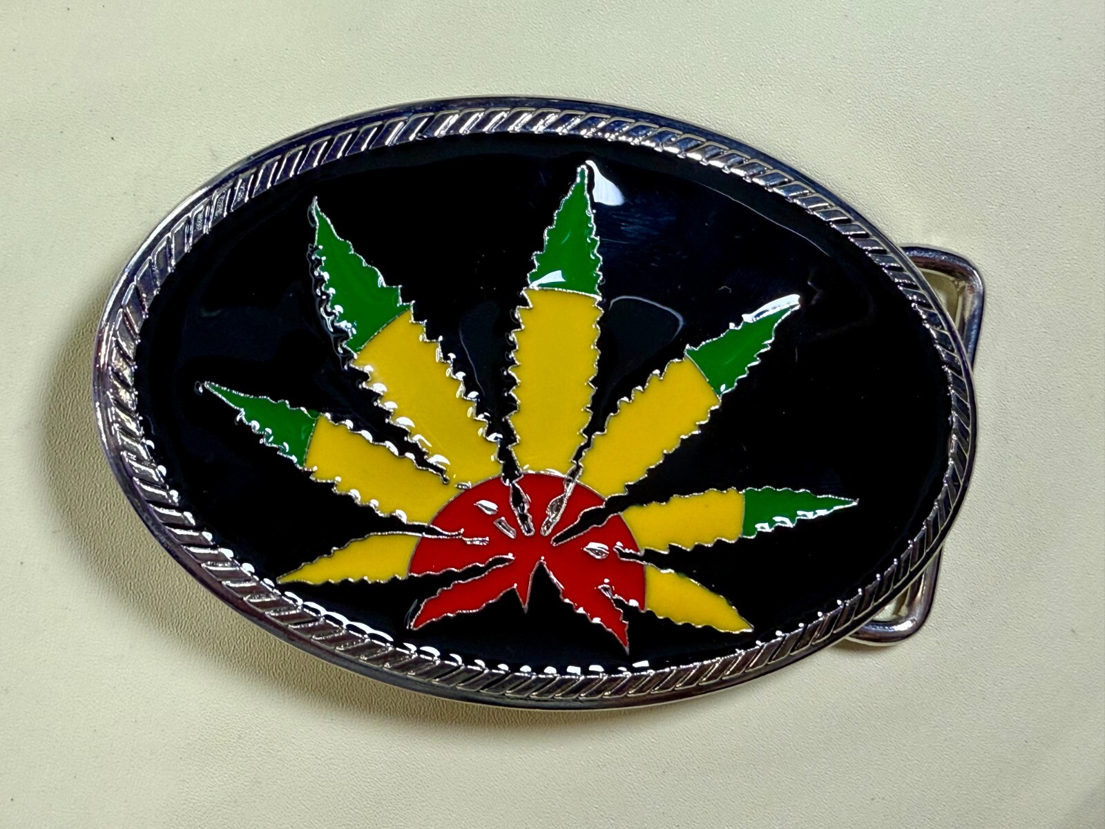 Marijuana Cannabis Pot Leaf Weed Enameled Rasta Colors New 4&Prime; Wide Belt Buckle