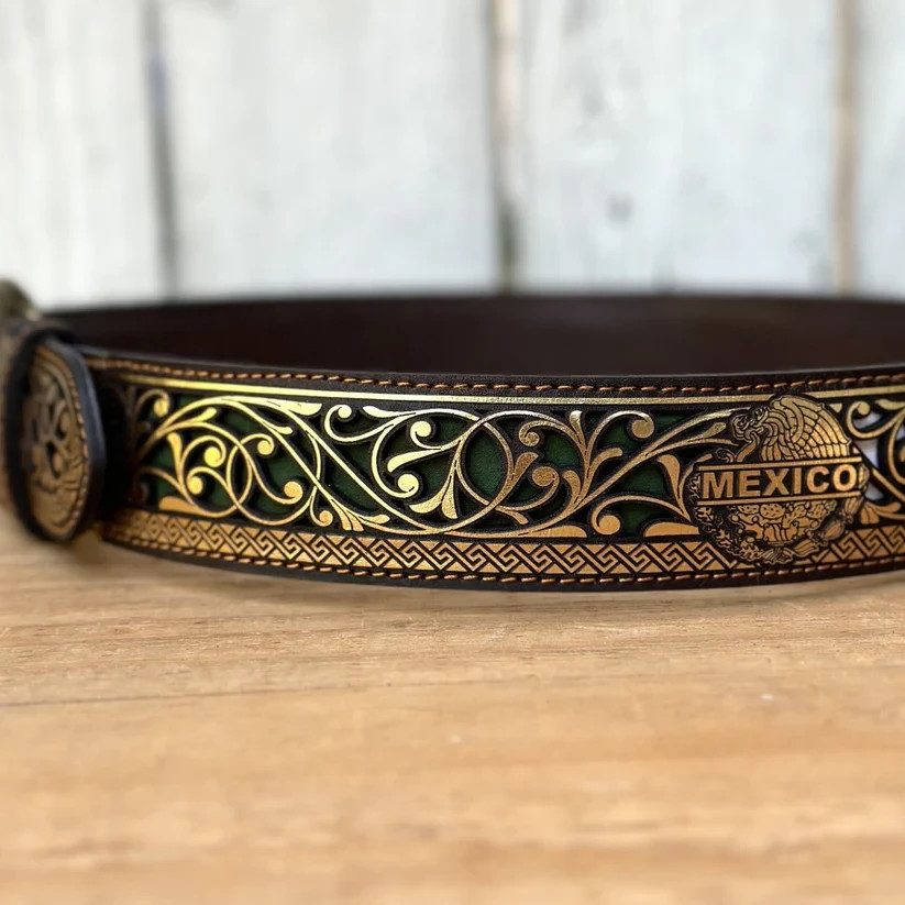 Genuine Laser Cut Leather Mexico Western Belt with Removable Buckle – Gold