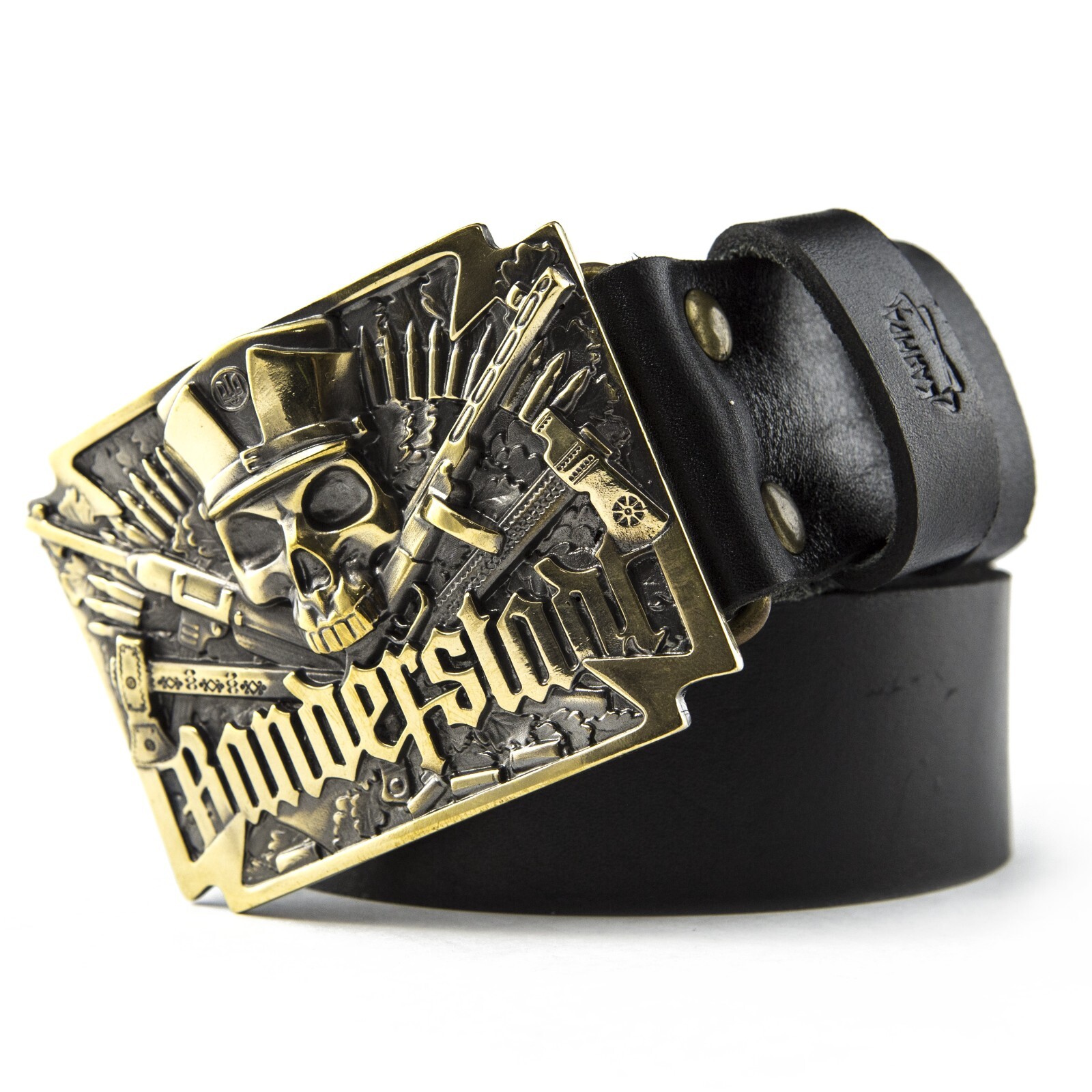 Brass belt buckle Banderstadt, Artistic sculptural fighting skull brass buckle