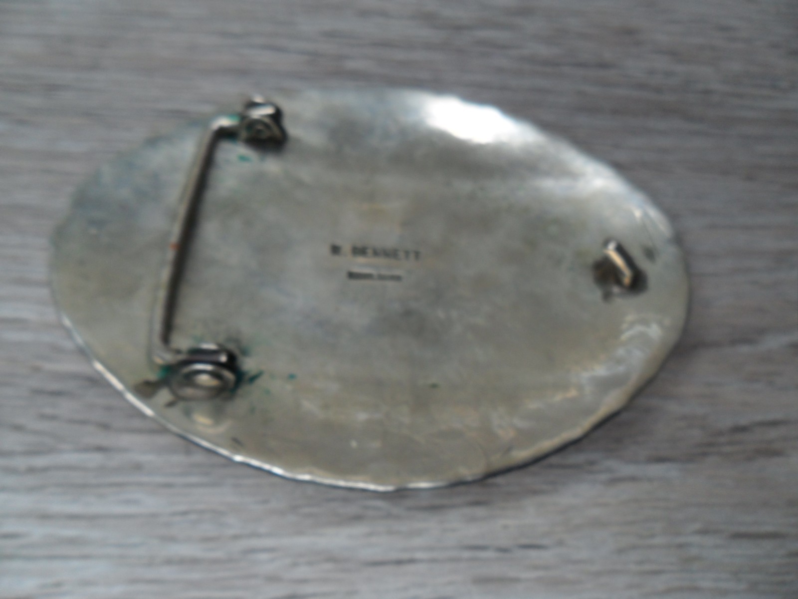Vtg Stamped Artist R.Bennett Nickel Silver Three Gemstone Turquoise Belt Buckle