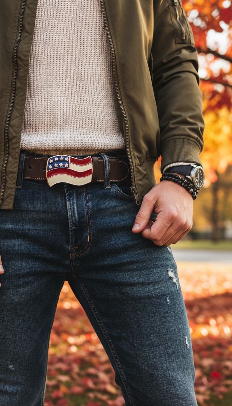 New Men Women Buckle Western Silver American USA Flag United States Casual Look